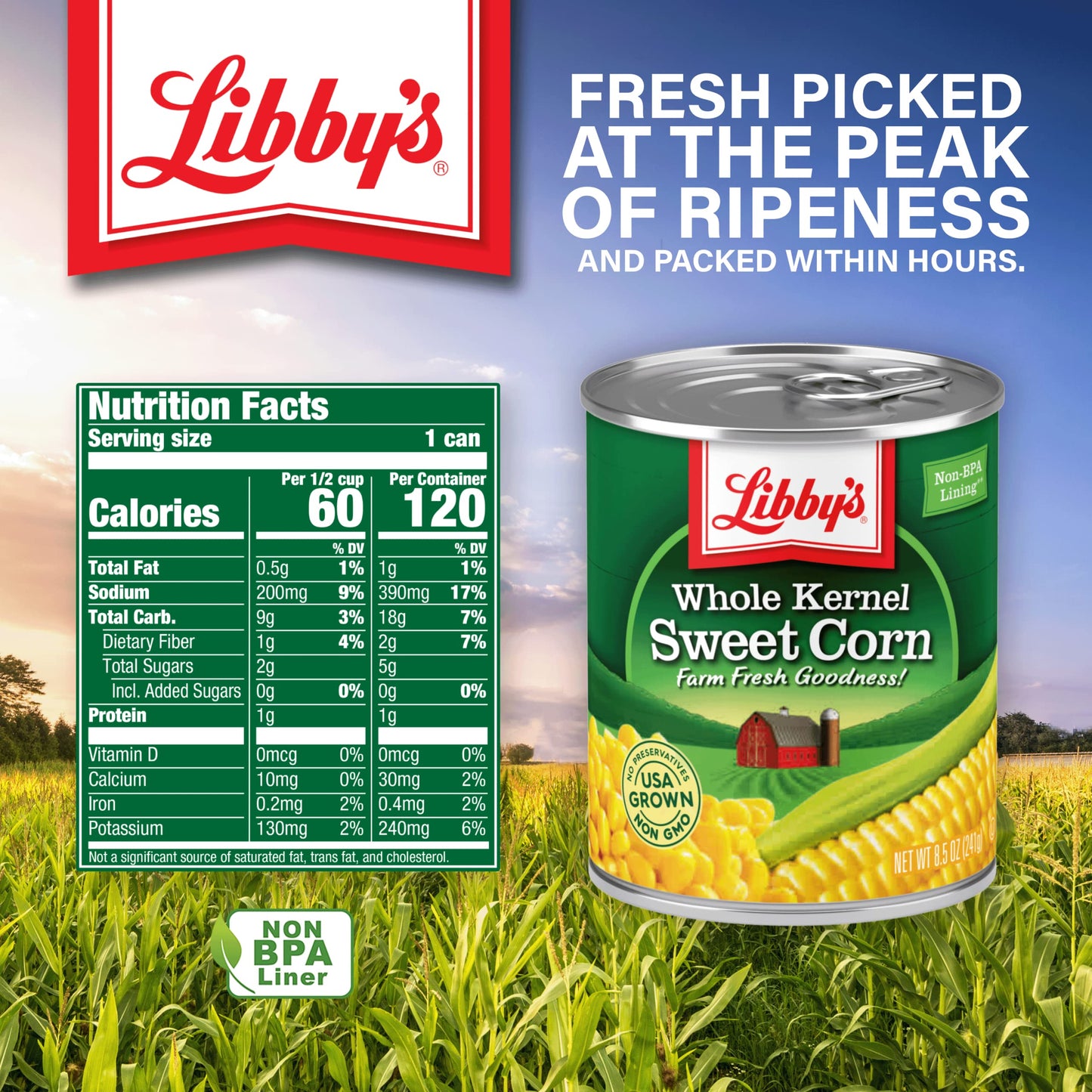 Libbys Whole Kernel Sweet Corn, Naturally Sweet Flavor, Golden Yellow, 8.5 Ounce Cans, Pack of 12