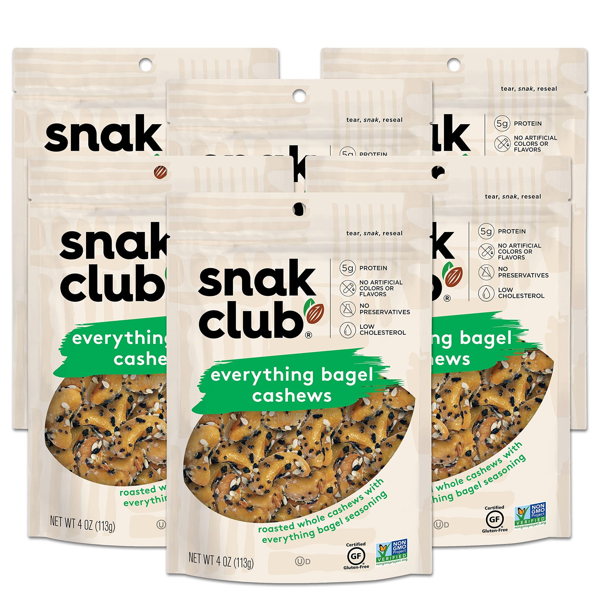 Snak Club Everything Bagel Cashews, Roasted and Seasoned Cashew Nuts Snack, 4 oz Resealable Bag (Pack of 6)