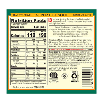 Amys Soup, Vegan Alphabet Soup, Low Fat, Made With Organic Potatoes, Carrots And Green Beans, Canned Soup, 14.1 Oz (12 Pack)