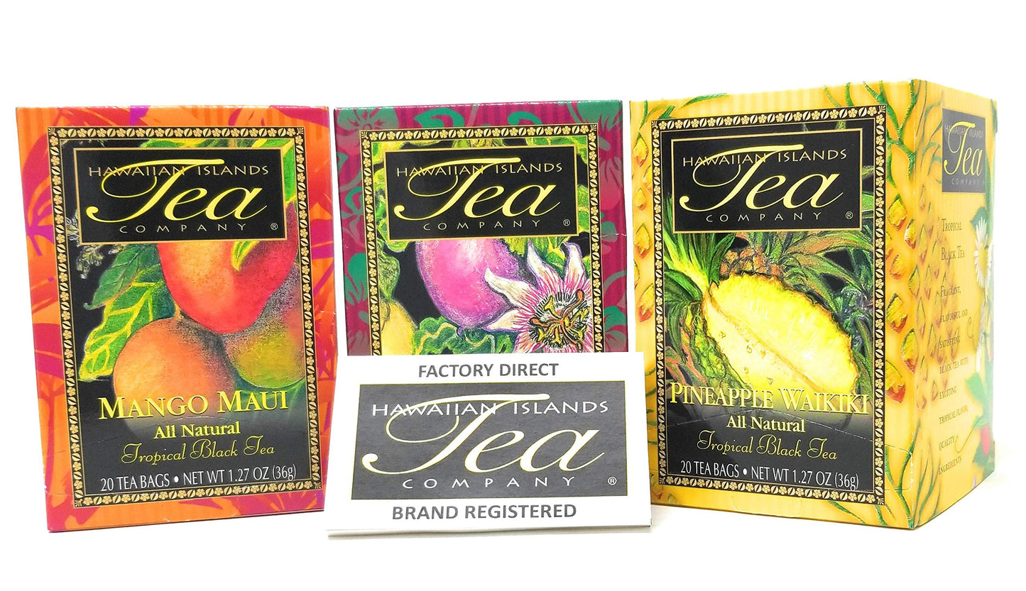 Tropical Tea Gift Set All Natural Black Tea (Mango Maui Passion Fruit Na Pali Pineapple Waikiki)(60 Teabags 3/1.27 Oz. Boxes) Blended And Packed In Hawaii (Pack Of 3)