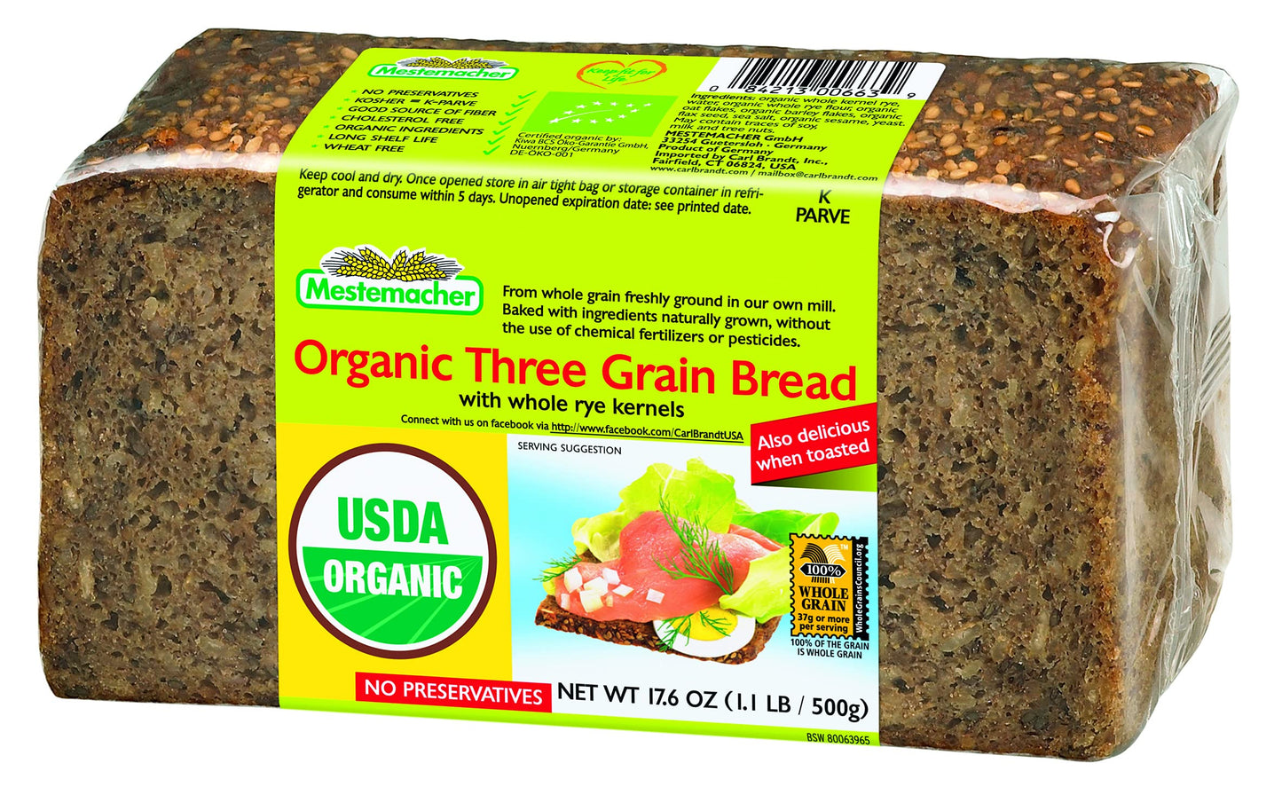 Mestemacher Whole Grain Bread (Organic Three Grain, 17.6 Oz, Pack Of 2)
