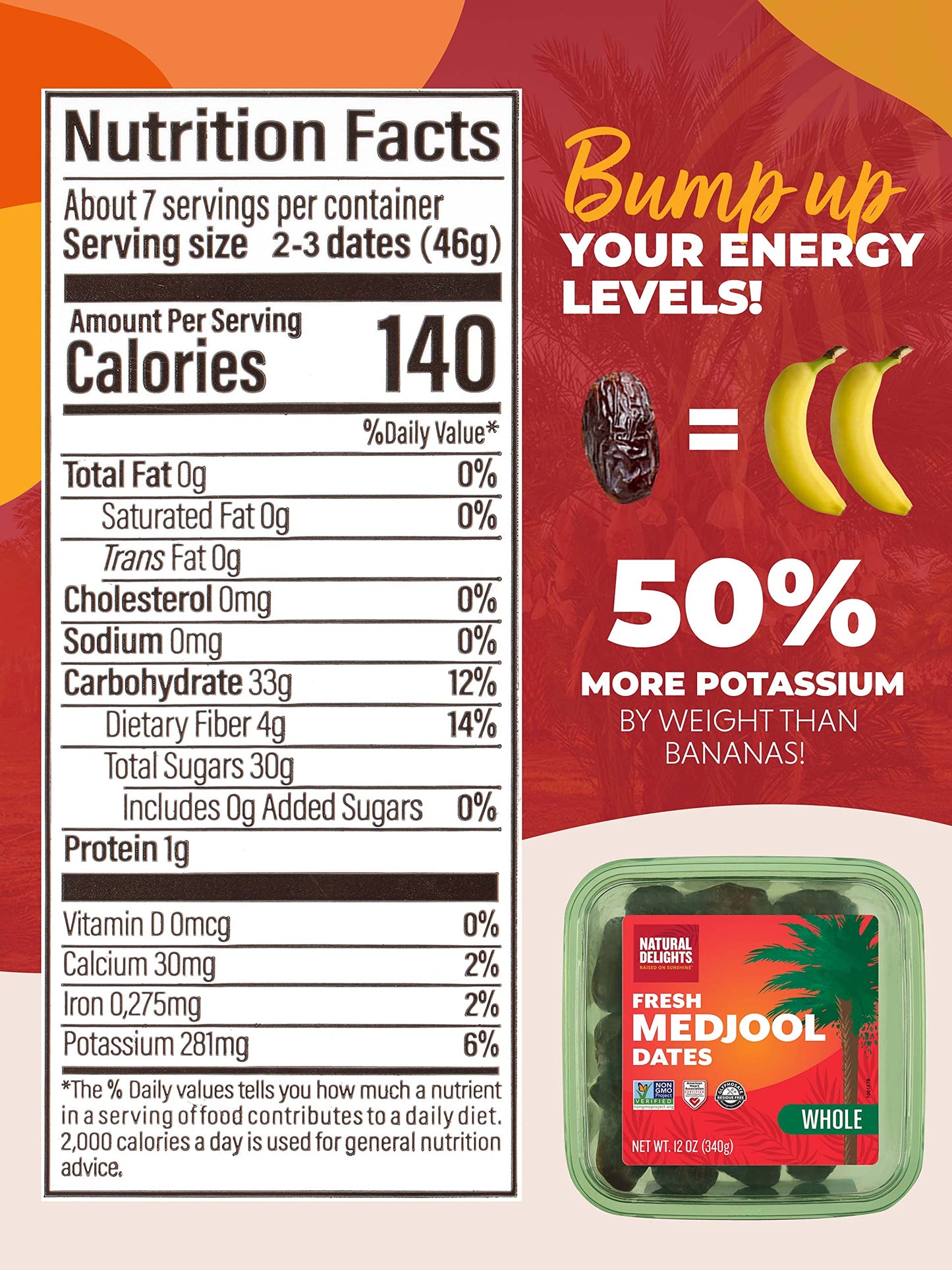 Natural Delights Medjool Dates – Large & Plump, Whole Non-Gmo Verified, Good Source Of Fiber, Naturally Sweet Fruit Snack, Perfect For On-The-Go - Medjool Dates Whole, 12 Oz Container