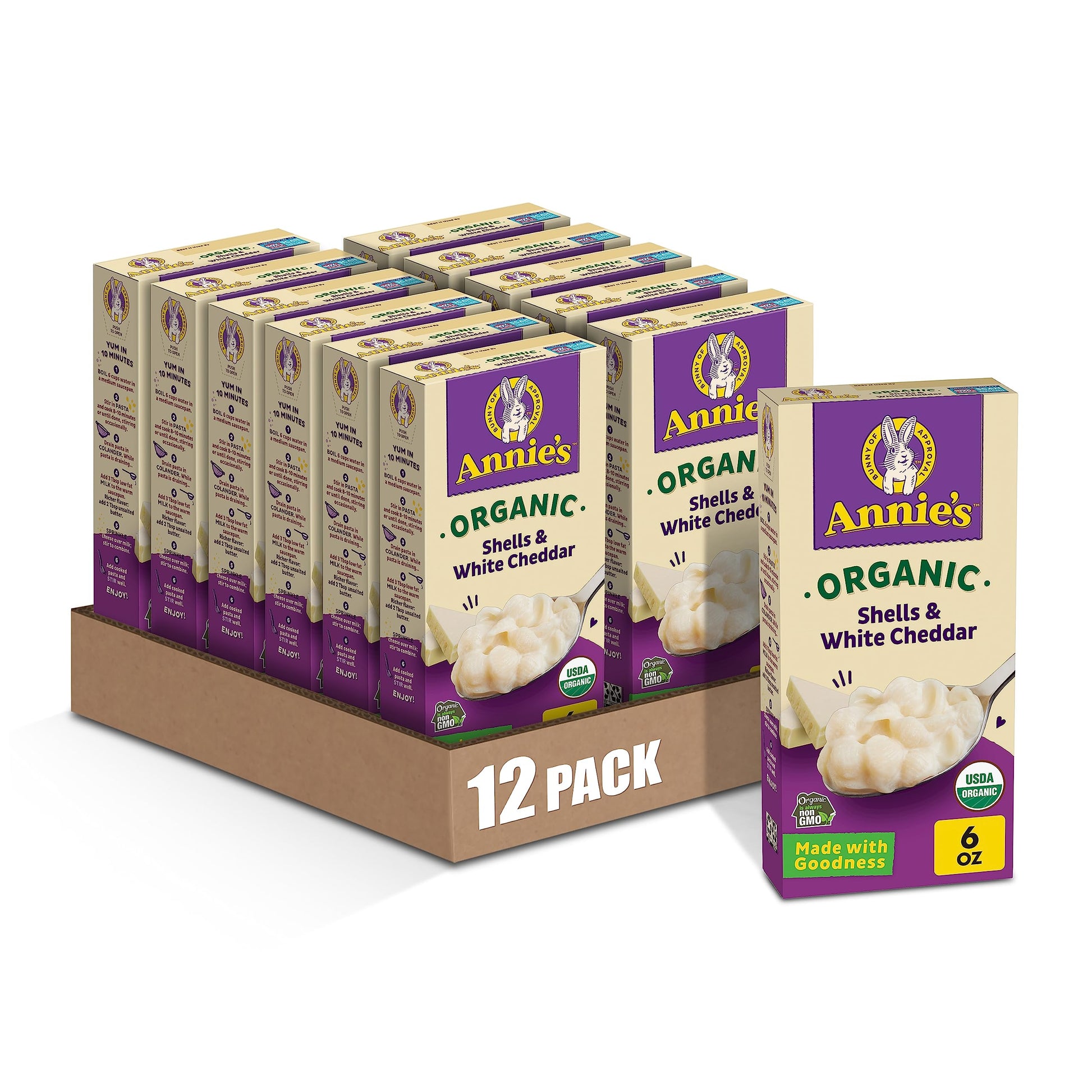 Annie'S Organic Macaroni And Cheese, Shells And White Cheddar, 6 Oz (Pack Of 12)