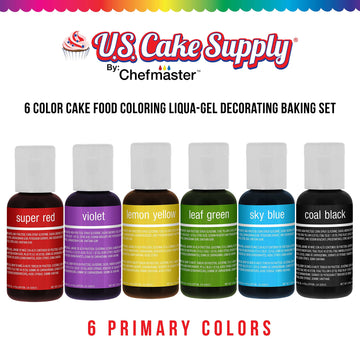6 Color Cake Food Coloring Liqua-Gel Decorating Baking Primary Colors Set - U.S. Cake Supply .75 fl. Oz. (20ml) Bottles Primary