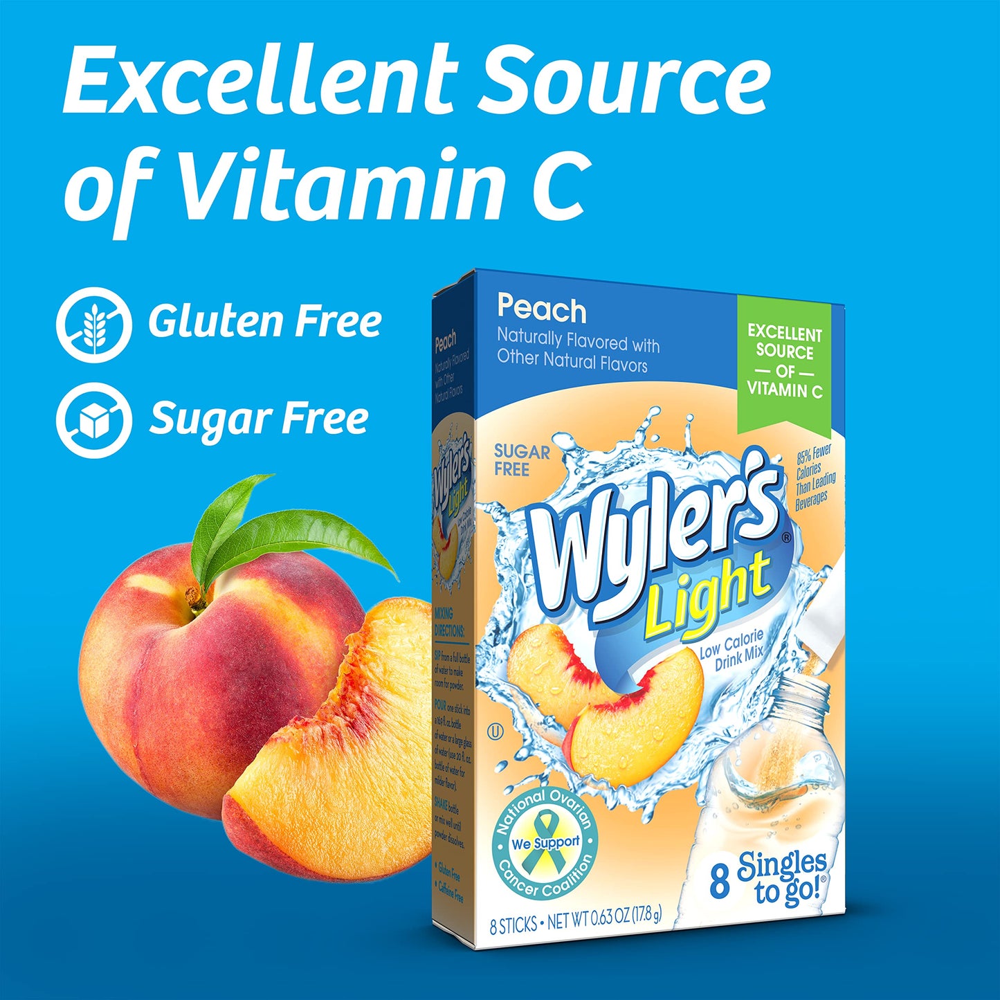 Wylers Light Singles-To-Go Sugar Free Drink Mix, Peach, 8 Ct Per Box (Pack Of 12)