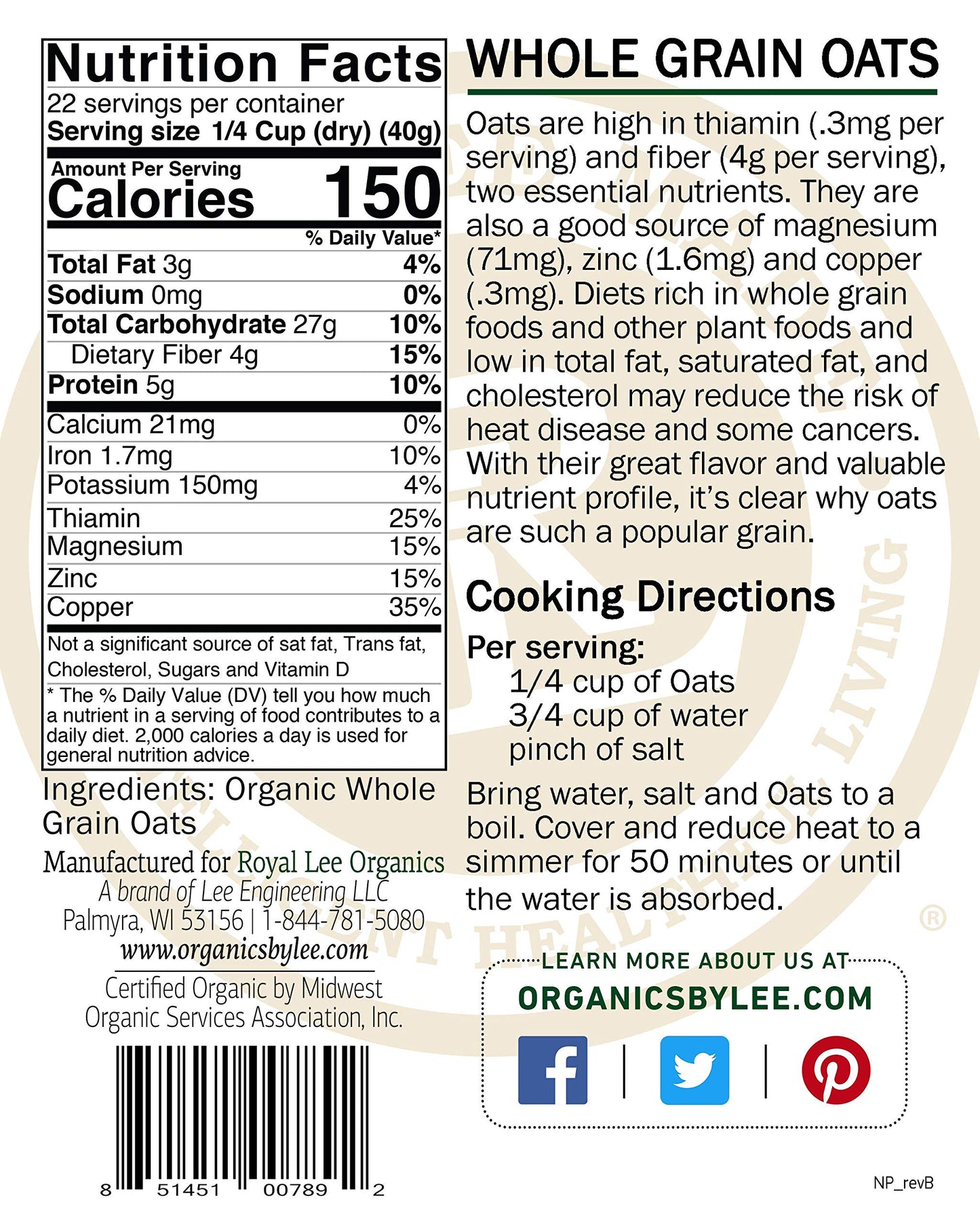 Royal Lee Organics Organic Gluten Free Oat Groats (2 Lbs)