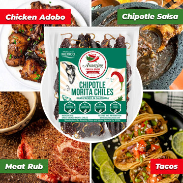 Amazing Chiles & Spices Dried Chipotle Morita Chile Peppers - Smokey Flavor, Medium to High Heat, 4 oz Resealable Bag