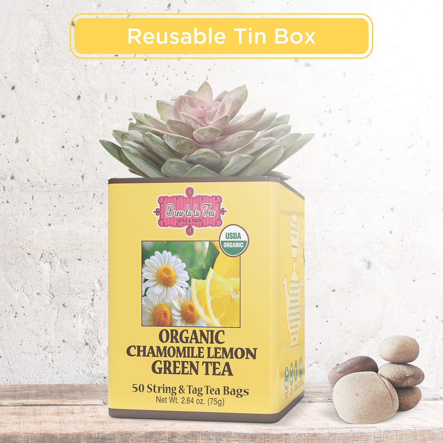 Brew La La Organic Green Tea - Chamomile Lemon Flavor - 50 Double Chambered Bags - Low Caffeine - USDA Certified Organic