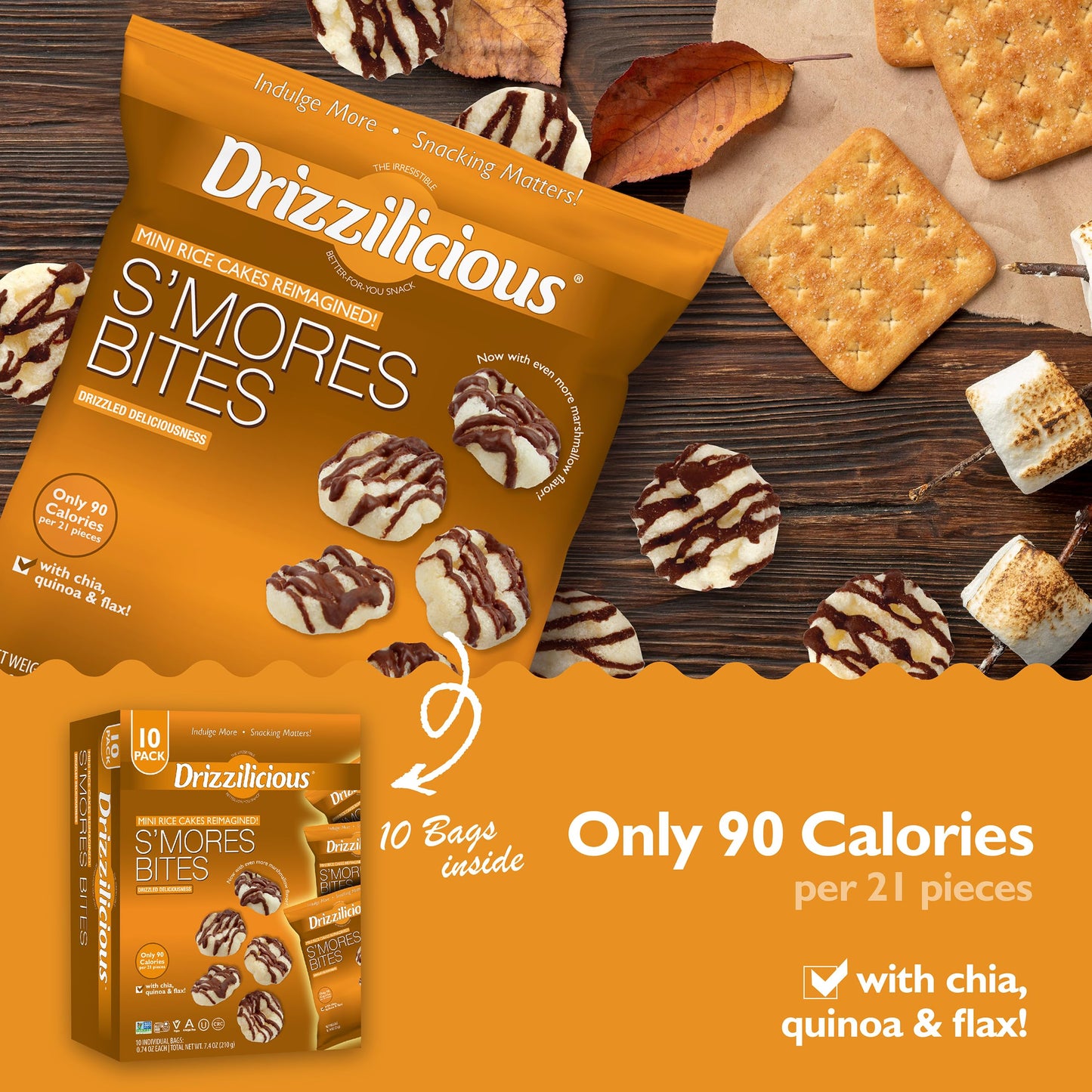 Drizzilicious Mini Rice Cakes S'Mores - Rice Crisps, Healthy Snack For Adults And Kids, Flavored Rice Cakes, Vegan, Gluten Free,