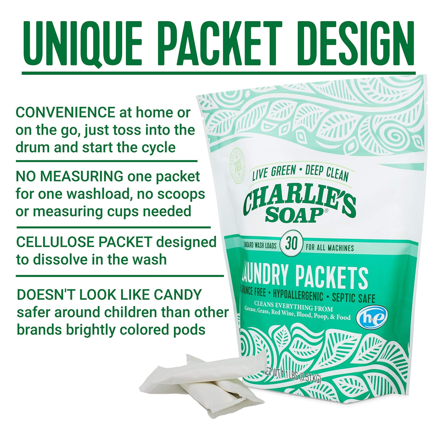 Charlies Soap - Unscented Powdered Laundry Packets 30 Count (6 Pack 180 Total Loads)