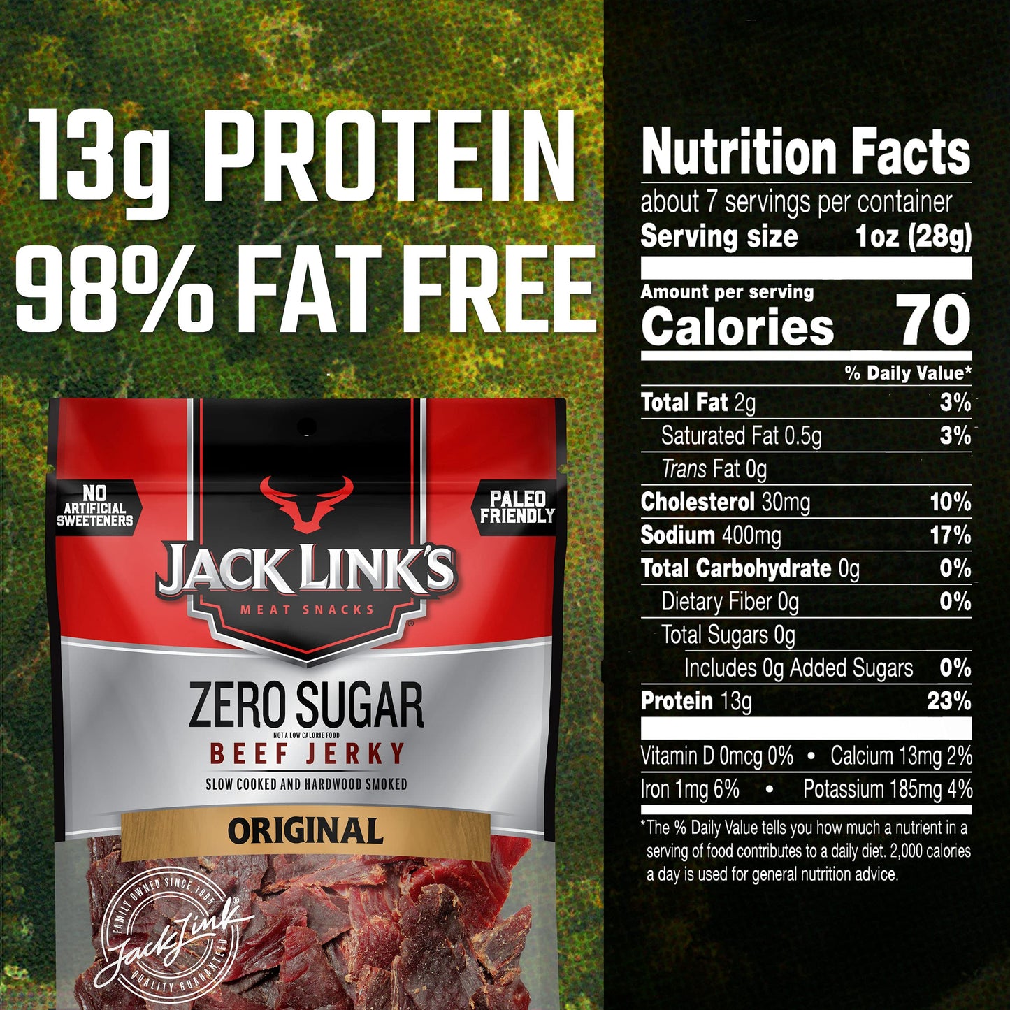Jack Link'S Beef Jerky, Zero Sugar, Paleo Friendly Snack With No Artificial Sweeteners, 13G Of Protein And 70 Calories Per Servi