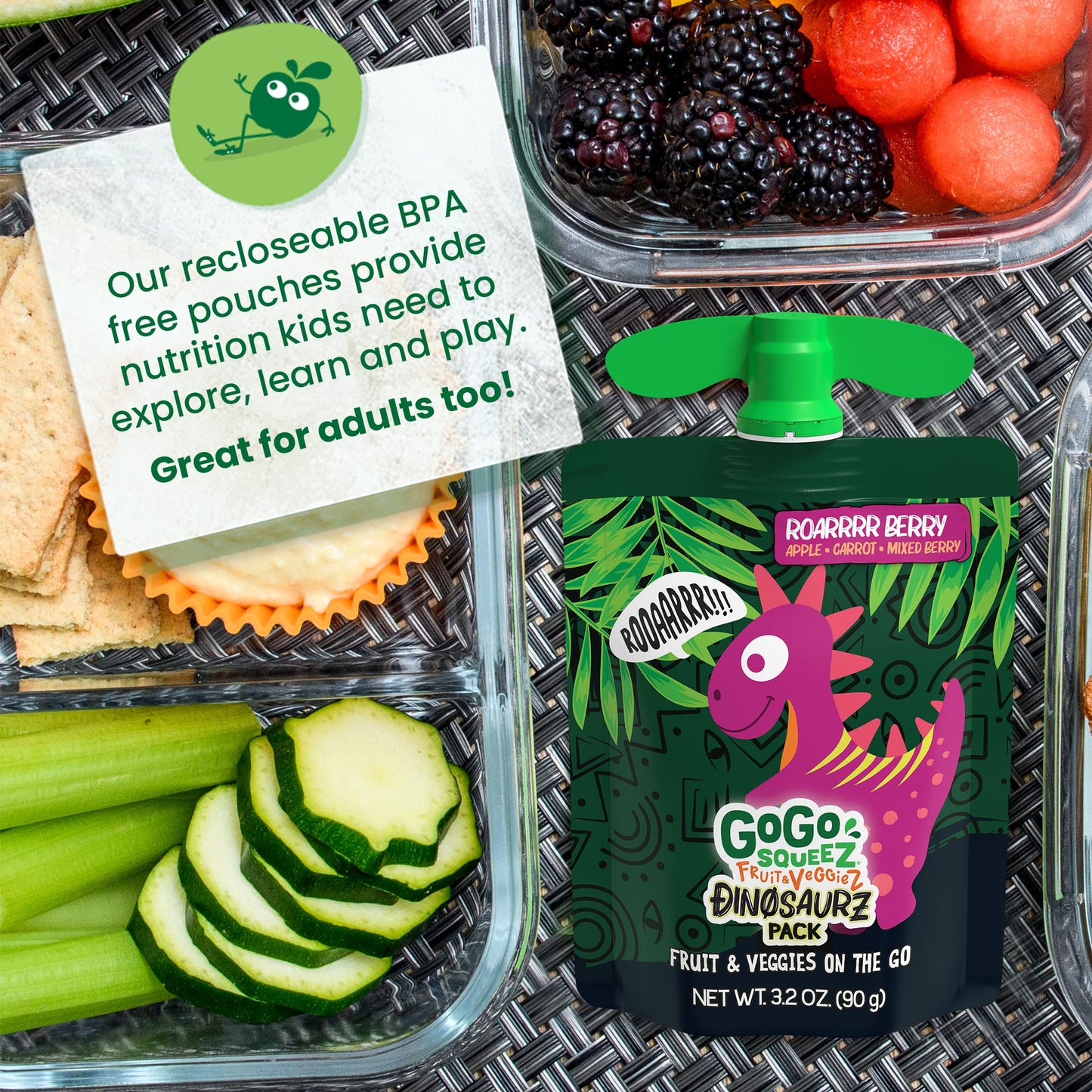 Gogo Squeez Fruit & Veggiez Variety Pack, Jurassic Pear, Roarrrr Berry & Prehistoric Peach, 3.2 Oz (Pack Of 20), Unsweetened Sna