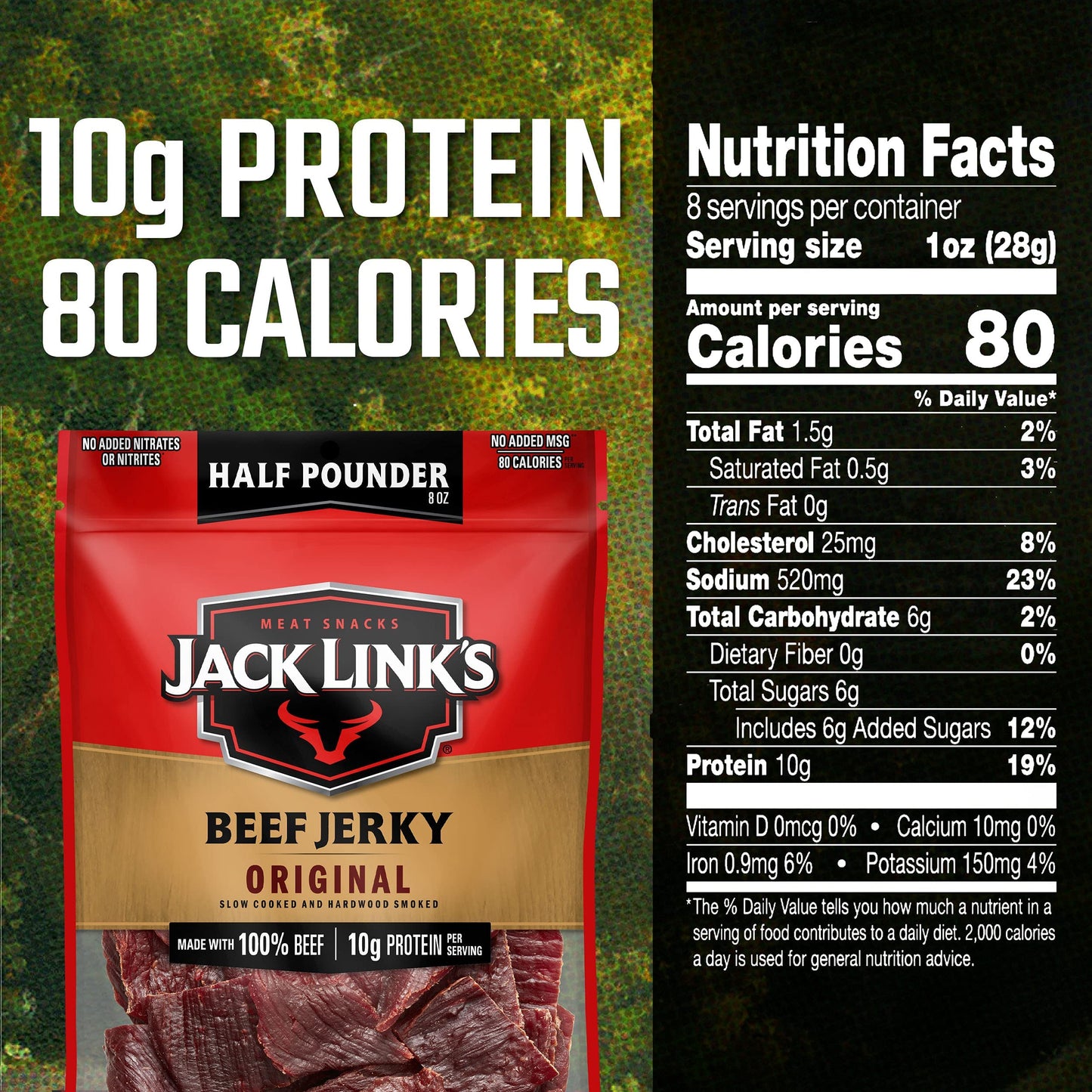 Jack Link's Beef Jerky, Original, 1/2 Pounder Bag - Flavorful Meat Snack, 10g of Protein and 80 Calories, Made with Premium Beef