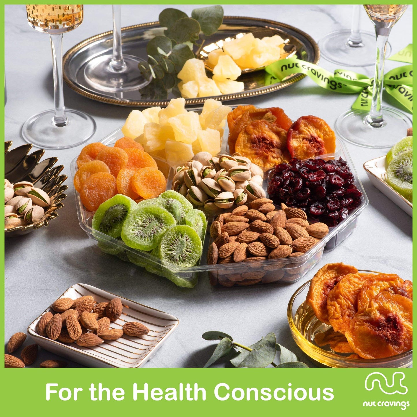 Nut Cravings Gourmet Dried Fruit & Mixed Nuts Gift Basket, 1 LB, Green Ribbon, 7 Assortments, Healthy Corporate Care Package