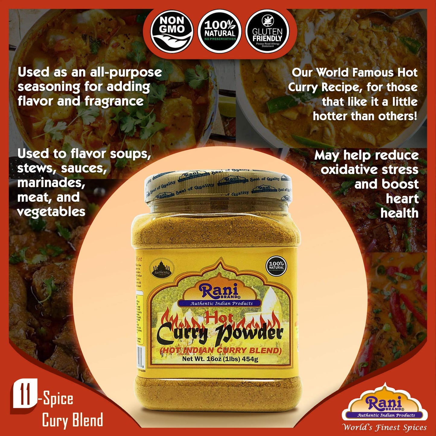 Rani Curry Powder Hot (11-Spice Authentic Indian Blend) 16oz (1lb) 454g PET Jar ~ All Natural | Salt-Free | Vegan | No Colors |