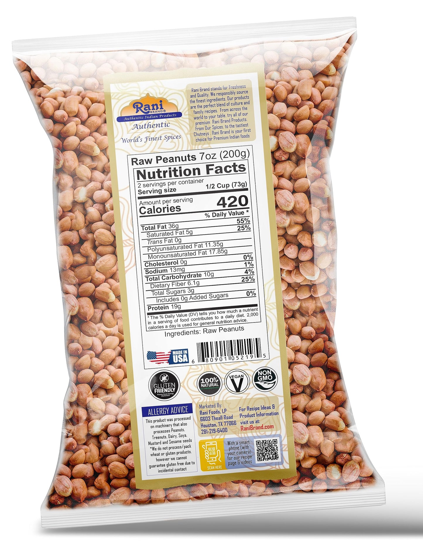 Rani Peanuts, Raw Whole With Skin (Uncooked, Unsalted) 7Oz (200G) ~ All Natural | Vegan | Gluten Friendly | Kosher | Fresh Product Of Usa ~ Spanish Grade Groundnut/Red-Skin