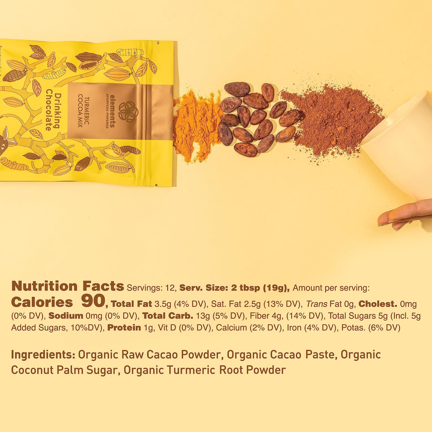 Elements Truffles Turmeric Dark Hot Chocolate -Heavy Metal Tested- All-Natural, Handmade, Dark Hot Chocolate Mix - Uses Ecuadorian, Fair Trade, Organic Cacao Powder - Vegan Hot Cocoa Mix - 8 Oz