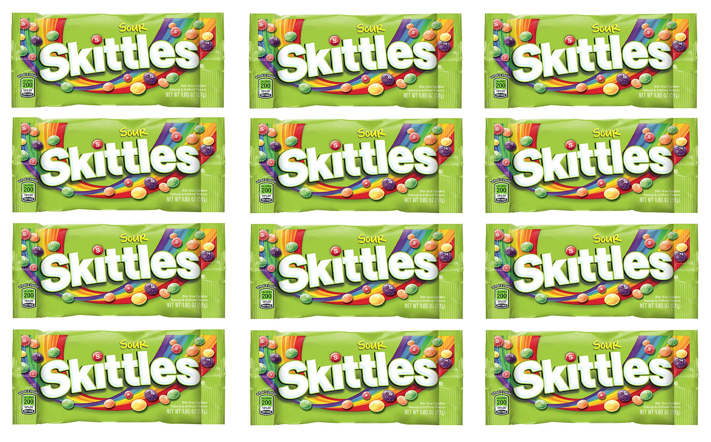Skittles - Original, Wild Berry, Tropical, Smoothies, Sour, Brightside, All Lime - Full Size, Bite Size Candy, Individual Packs - Great For Holidays, Parties, Gifts & More ! (Sour - 1.8 Ounce, 12 Count)
