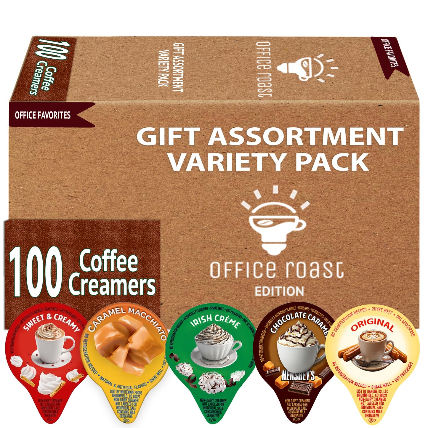 Variety Pack Creamers Liquid Creamer Singles | Gift Assortment Box | Coffee Cream | Sweet and Creamy Chocolate Caramel Caramel Macchiato Original & Irish Cream - No Refrigeration - Box Of 100