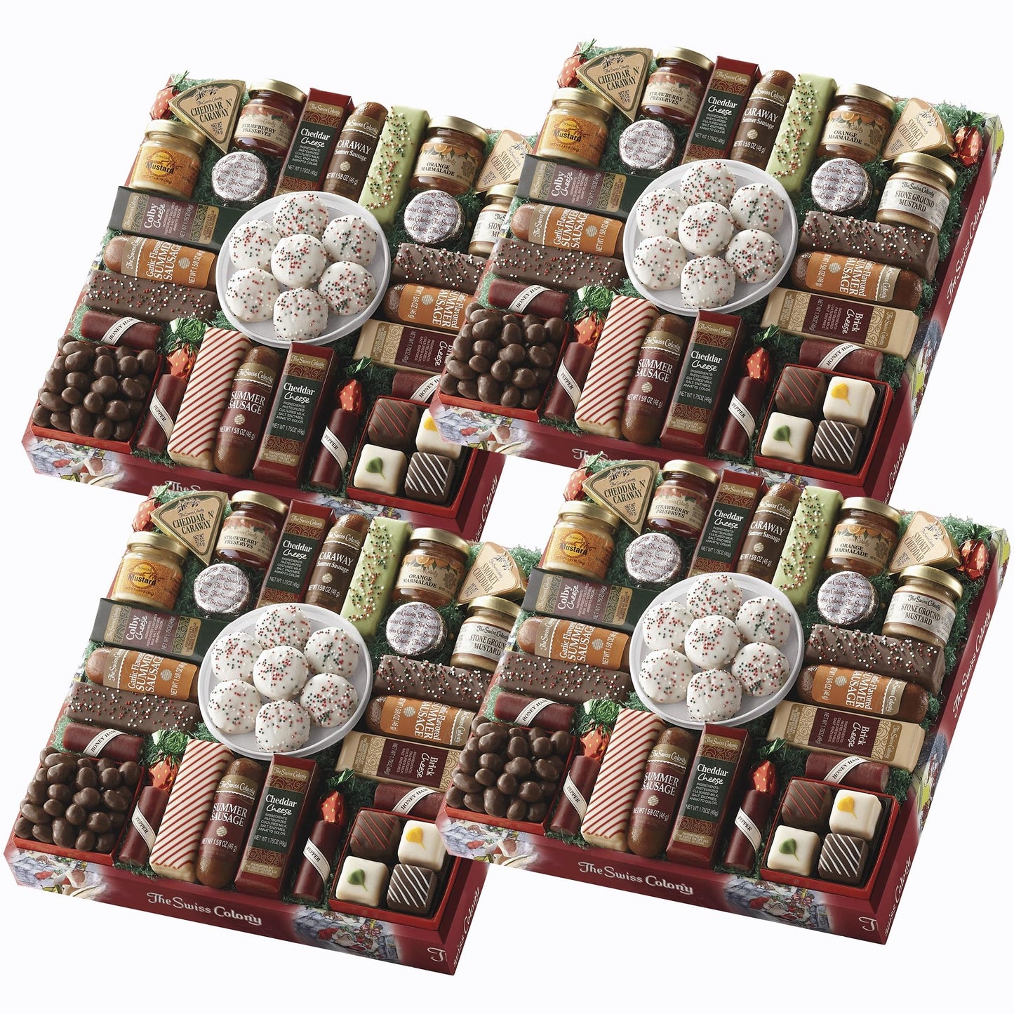 4 Red Gift Boxes - The Swiss Colony 27 Favorites Food Gift Set Summer Sausage Meats And Cheeses Assorted Chocolates Candies Petits Fours Cheese & Charcuterie Board Gifts Basket Holiday Christmas