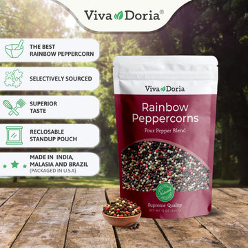 Viva Doria Rainbow Peppercorns Blend, Steam Sterilized Whole Black Pepper, Whole Green Pepper, Whole Pink Pepper, Whole White Pe