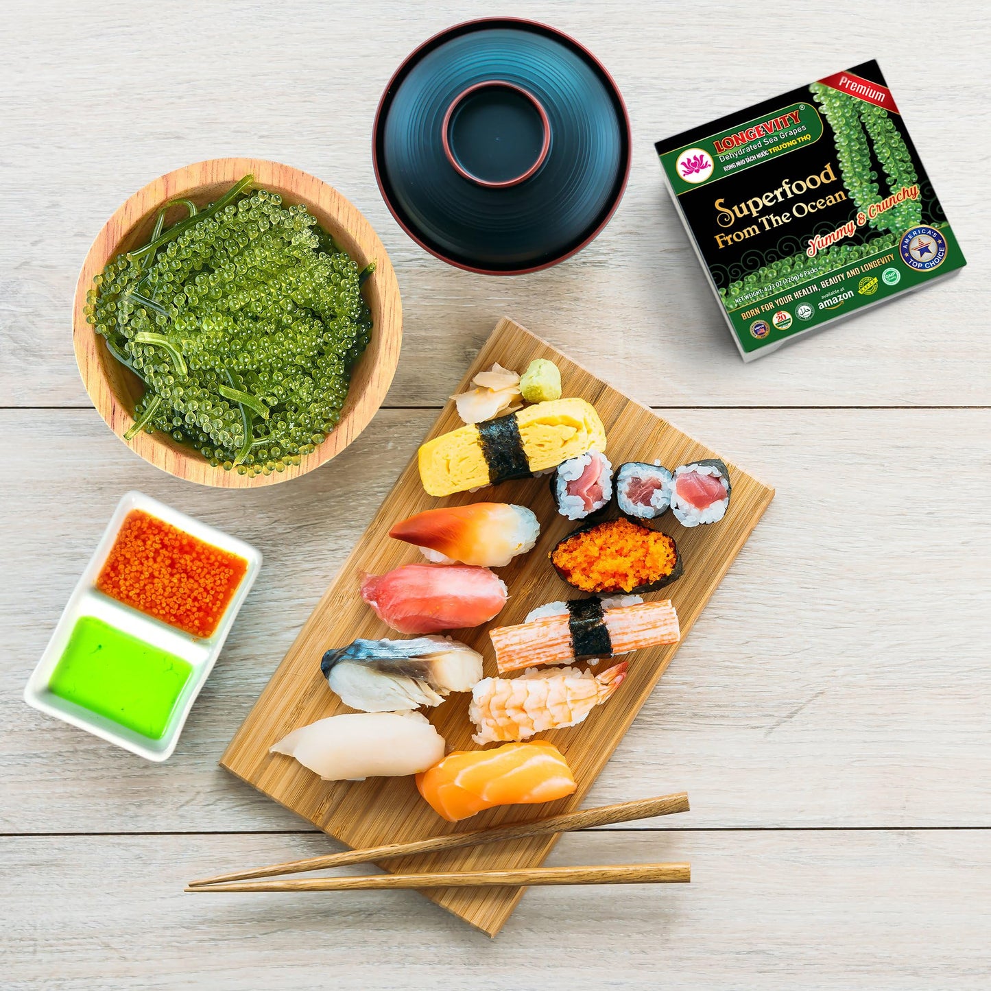 LONGEVITY Sea Grapes - Umibudo Green Caviar, Dehydrated, Marinated in Saltwater, 1.4 oz (Pack of 2) - Boost Health & Immune