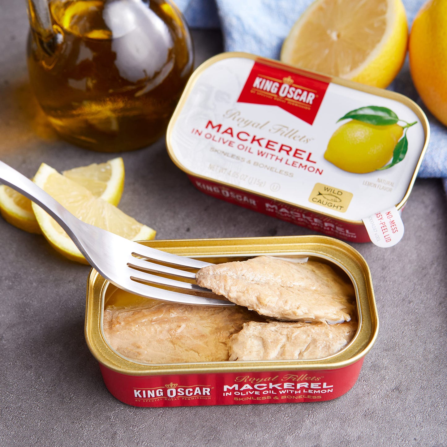 King Oscar Mackerel In Olive Oil With Lemon, 4.05 Ounce Cans (Pack Of 12, Packaging May Vary), Skinless & Boneless, Wild Caught Canned Mackerel