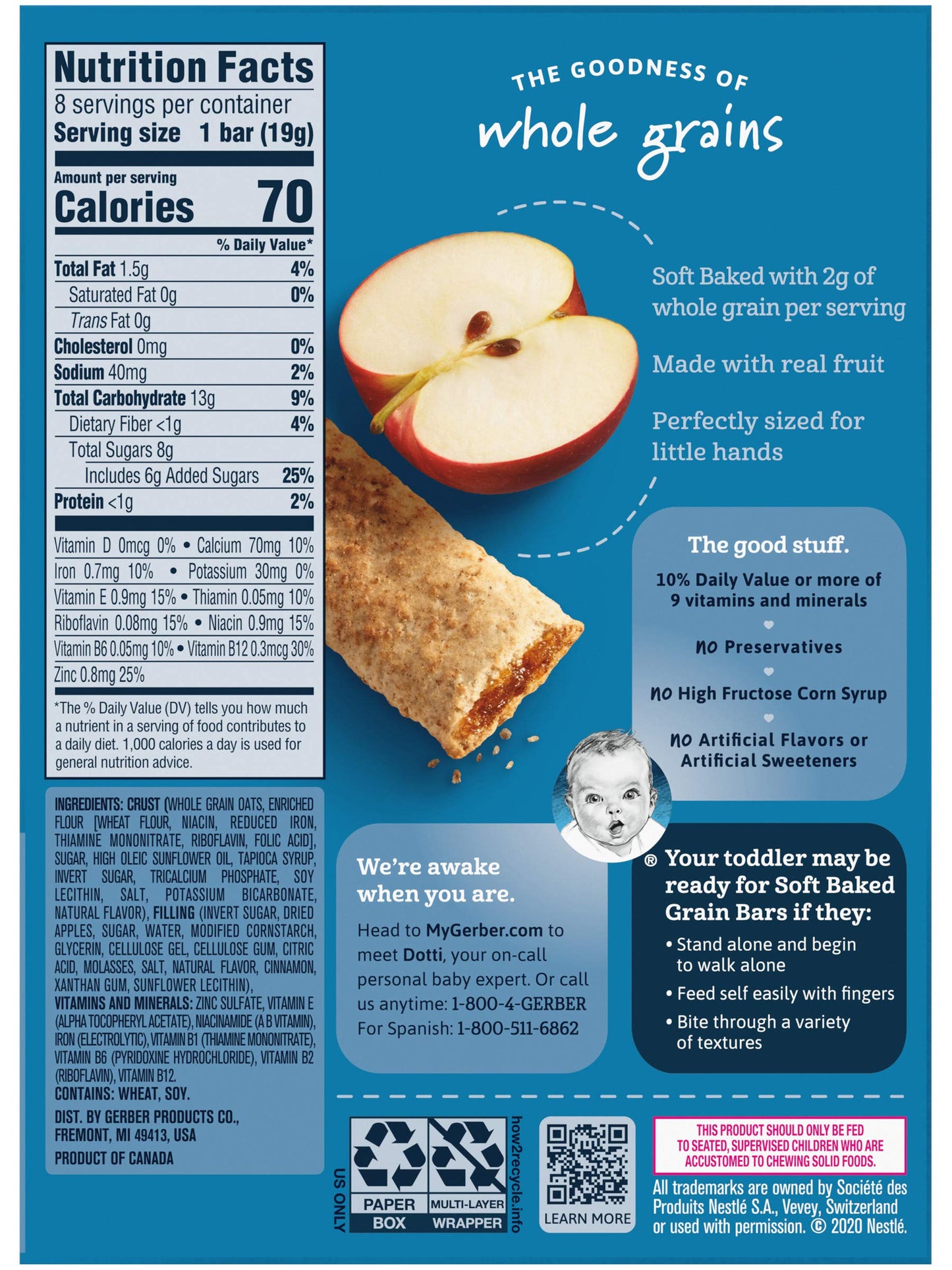 Gerber Soft Baked Grain Bars, Apple Cinnamon, 8 Individually Wrapped Bars/Box (Pack Of 2)
