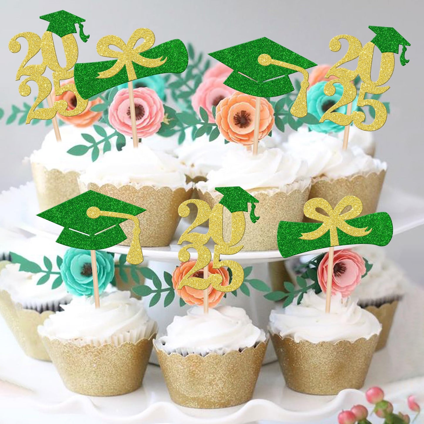 ZHUOWEISM 24 PCS Graduation Cupcake Toppers Glitter Diploma Grad Cap Decorations Gold Green
