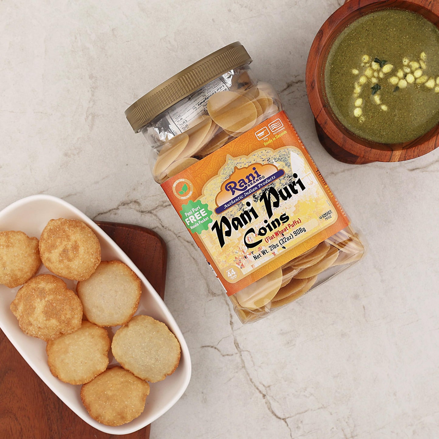 Rani Pani Puri Coins (Uncooked, Microwaveable Wheat Semolina Coins) 32oz (2lbs) 908g w/Pani Puri Masala (14-Spice Blend for Indi