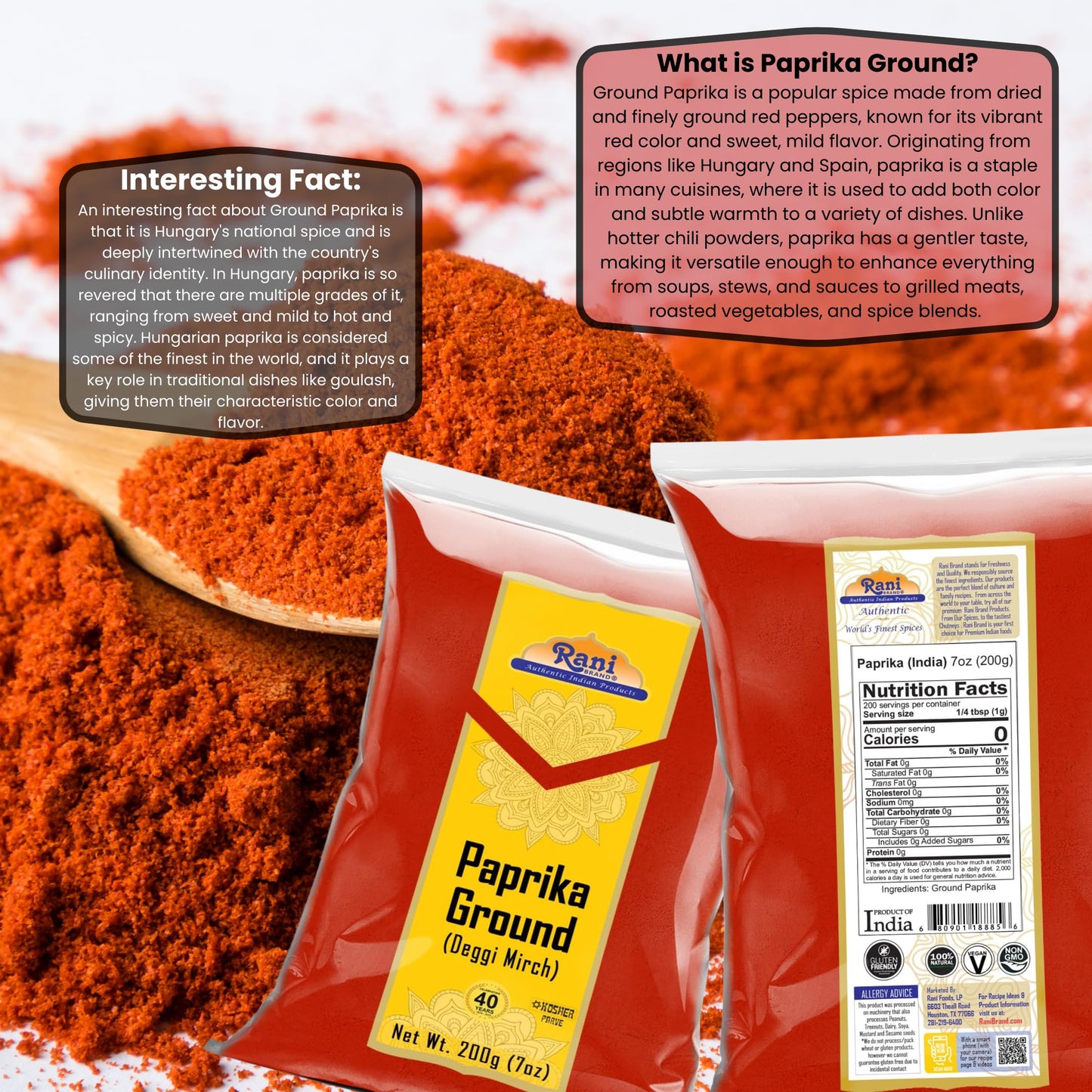 Rani Paprika (Deggi Mirch, Low Heat) Spice Powder, Ground 7Oz (200G) ~ All Natural, Salt-Free | Vegan | No Colors | Gluten Frien
