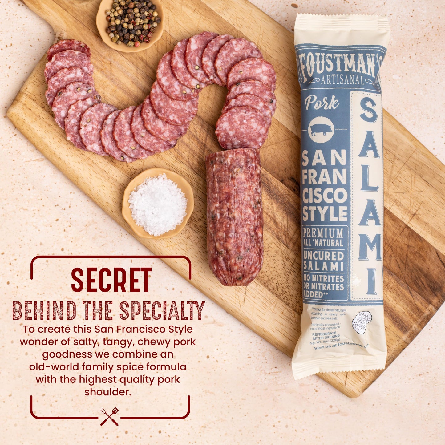 Foustman'S Salami Pork San Francisco Style Artisanal, Nitrate-Free, Naturally Cured, Gluten-Free, Dairy-Free, Pack Of 6, 8 Oz Ea