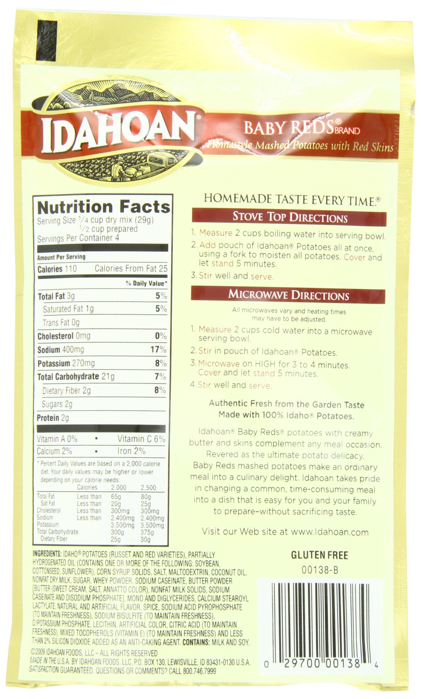 Idahoan Baby Reds Mashed Potatoes, Naturally Gluten-Free, 100% Real Idaho Potatoes, 4 servings per bag, 4.1 ounce (Pack of 10)