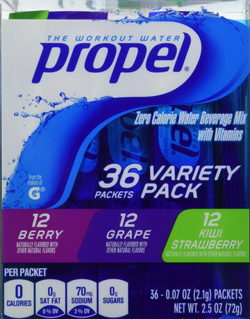 Propel Zero Calorie Nutrient Enhanced Water Beverage Mix (36 Packets) 3 Different Flavors (Berry, Grape & Kiwi Strawberry)