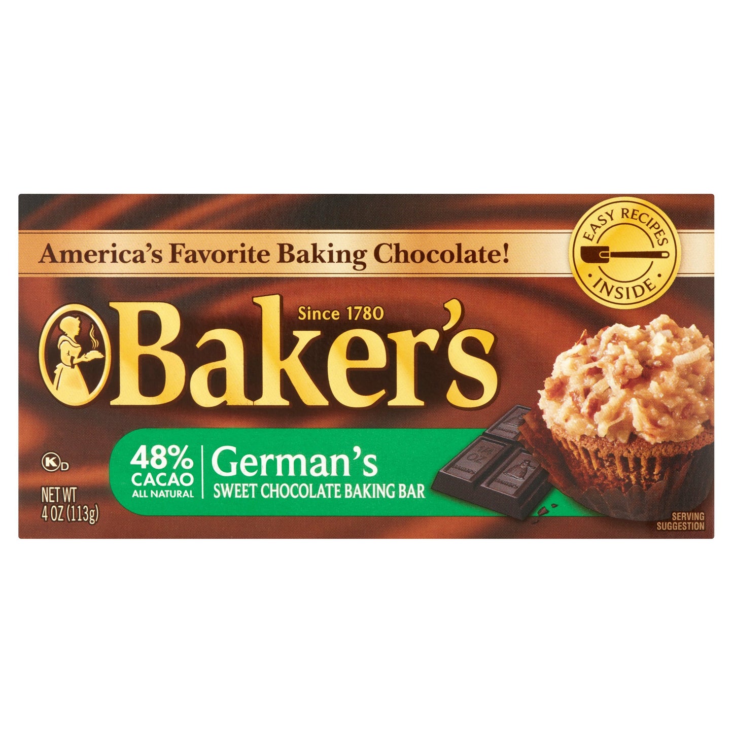 Lot Of 2 Baker'S 4 Oz. Sweet Chocolate Bar-German'S All Natural 48% Cacao