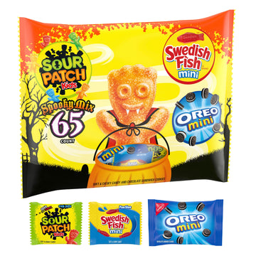 Sour Patch Kids, Oreo Mini Chocolate Sandwich Cookies & Swedish Fish Mini Halloween Candy Variety Pack, Bulk Candy, 65 Trick Or Treat Bags