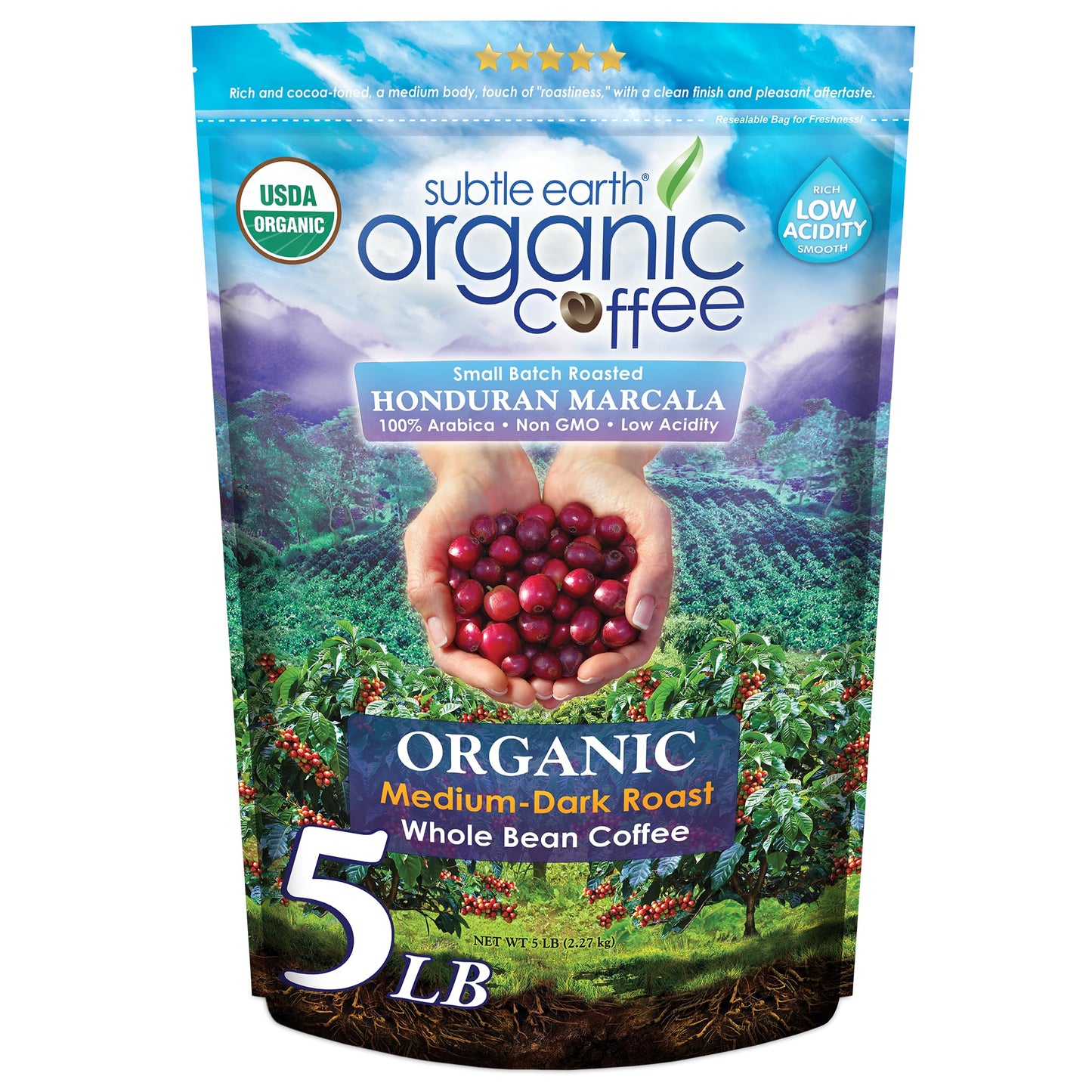 5Lb Subtle Earth Organic Coffee - Medium Dark Roast - Whole Bean Coffee - 100% Arabica Beans - Low Acidity And Non-Gmo - 5Lb Bag