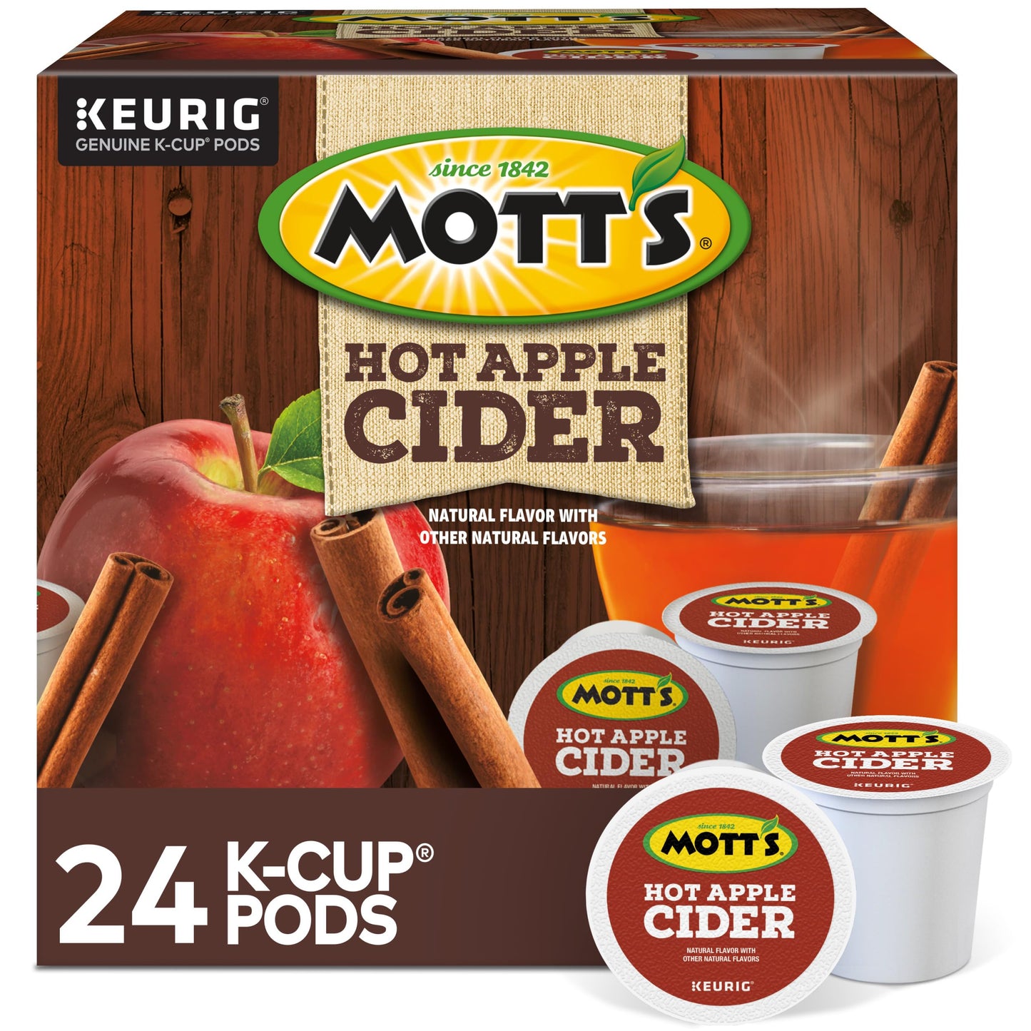 Motts Hot Apple Cider K-Cup Pods, Flavored Coffee, 24 Count, Single Serve, Model 611247386040, Apple Color