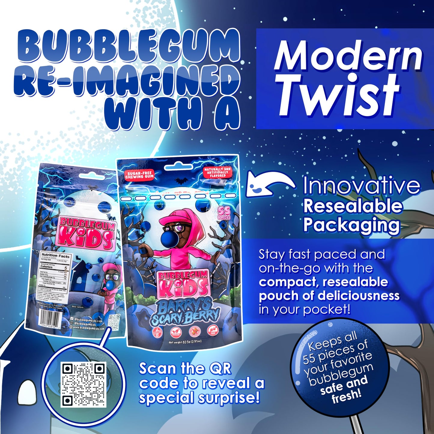 Bubblegum Kids Sugar Free Gum - Vegan Friendly Berry Flavors - 55 Count (Pack of 6) - Perfect for Kids and mature-themeds