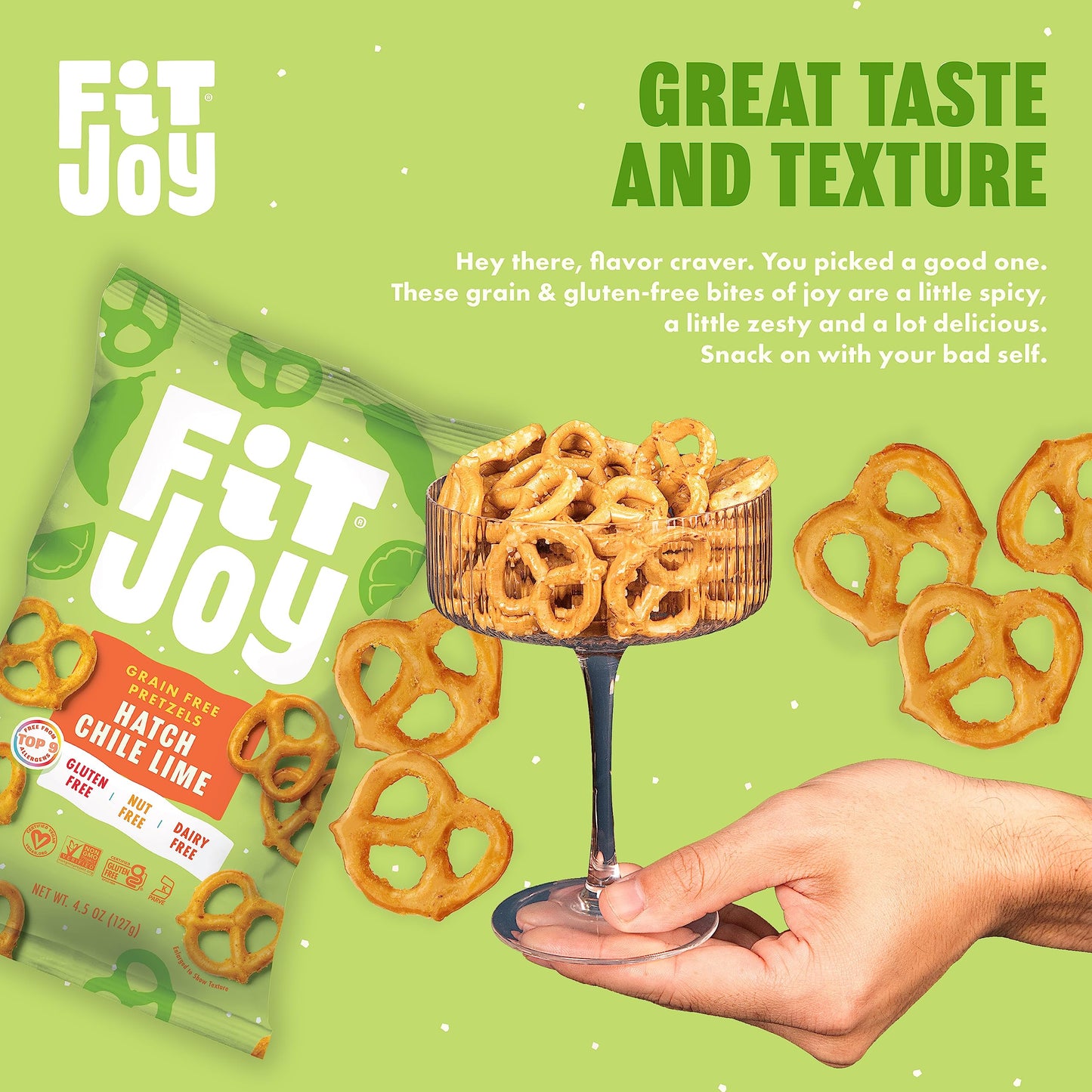 Fitjoy Gluten Free Pretzels, Hatch Chile Lime Twists, Grain Free: Gluten Free Snacks With Made-In-Usa Crispy Crunchiness -Nut Fr