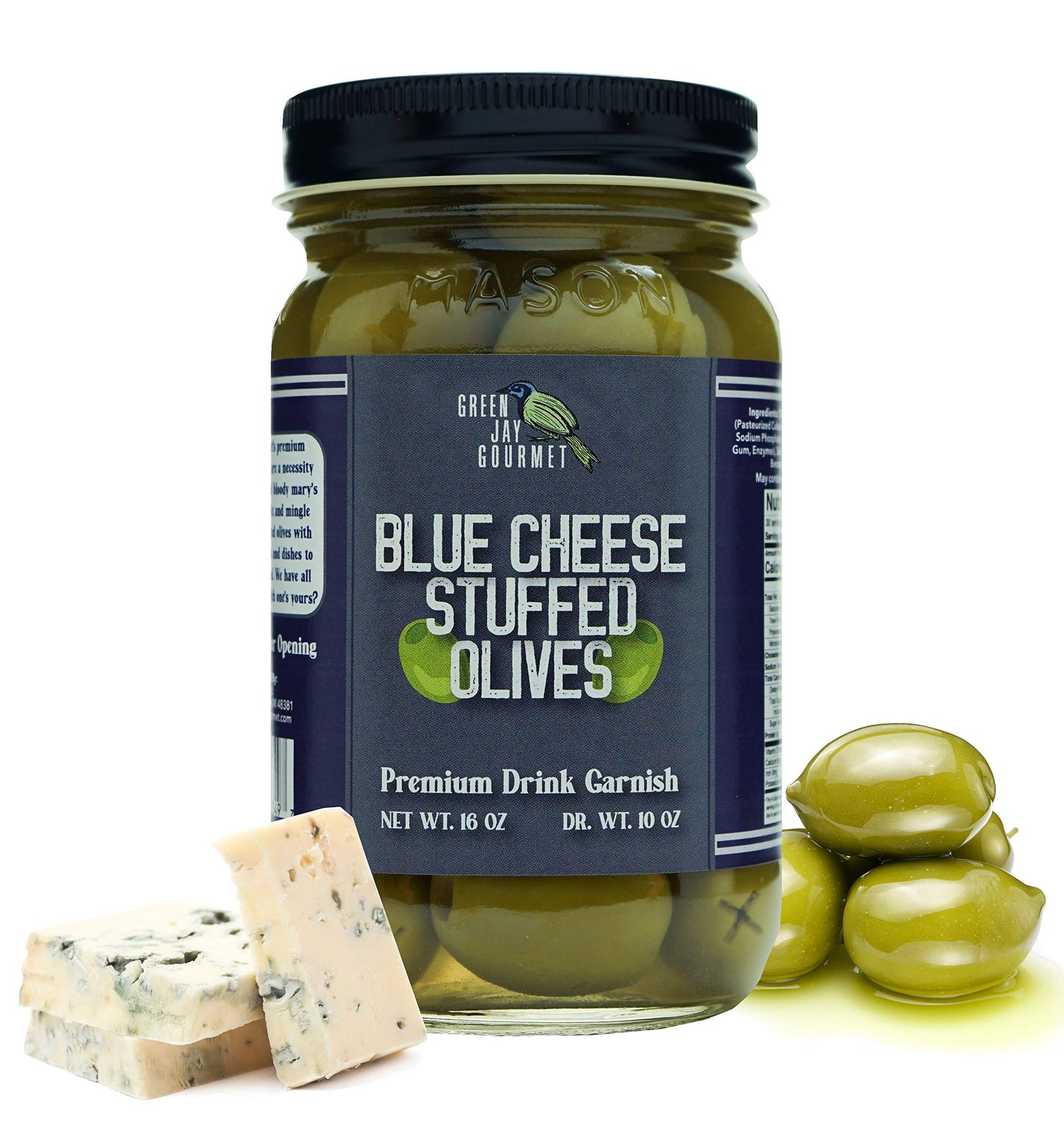 Green Jay Gourmet Blue Cheese Stuffed Olives - All Natural - 16 Ounces - Perfect for Cocktail Garnish & Cheese Board