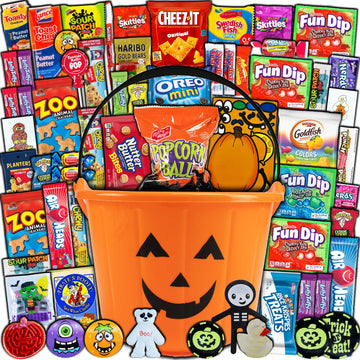 Halloween Candy Pumpkin Bucket Gift (50Ct) Snacks Box Basket Candies Kids Children Mature-Themeds Cookies Food Variety Pack Bundle Mixed Bulk Sampler Girls Boys Guys Men Women Boyfriend Girlfriend College Student