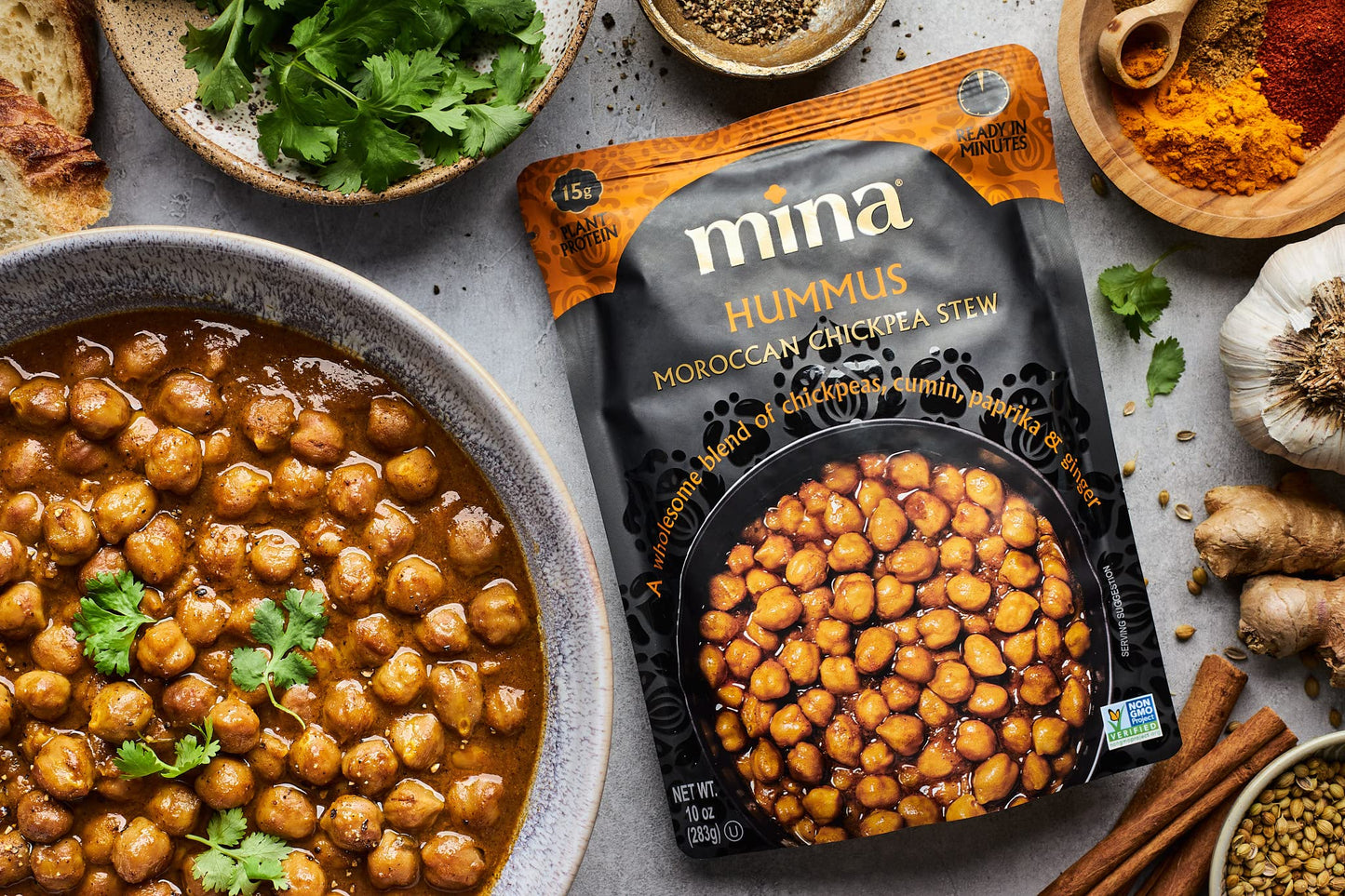 Mina Moroccan Chickpeas, Ready To Eat, Chickpeas High In Plant Based Protein, Vegan, Non-Gmo, Gluten Free, Kosher, Microwavable, Packaged Meals & Side Dishes, 10 Oz (Pack Of 6)