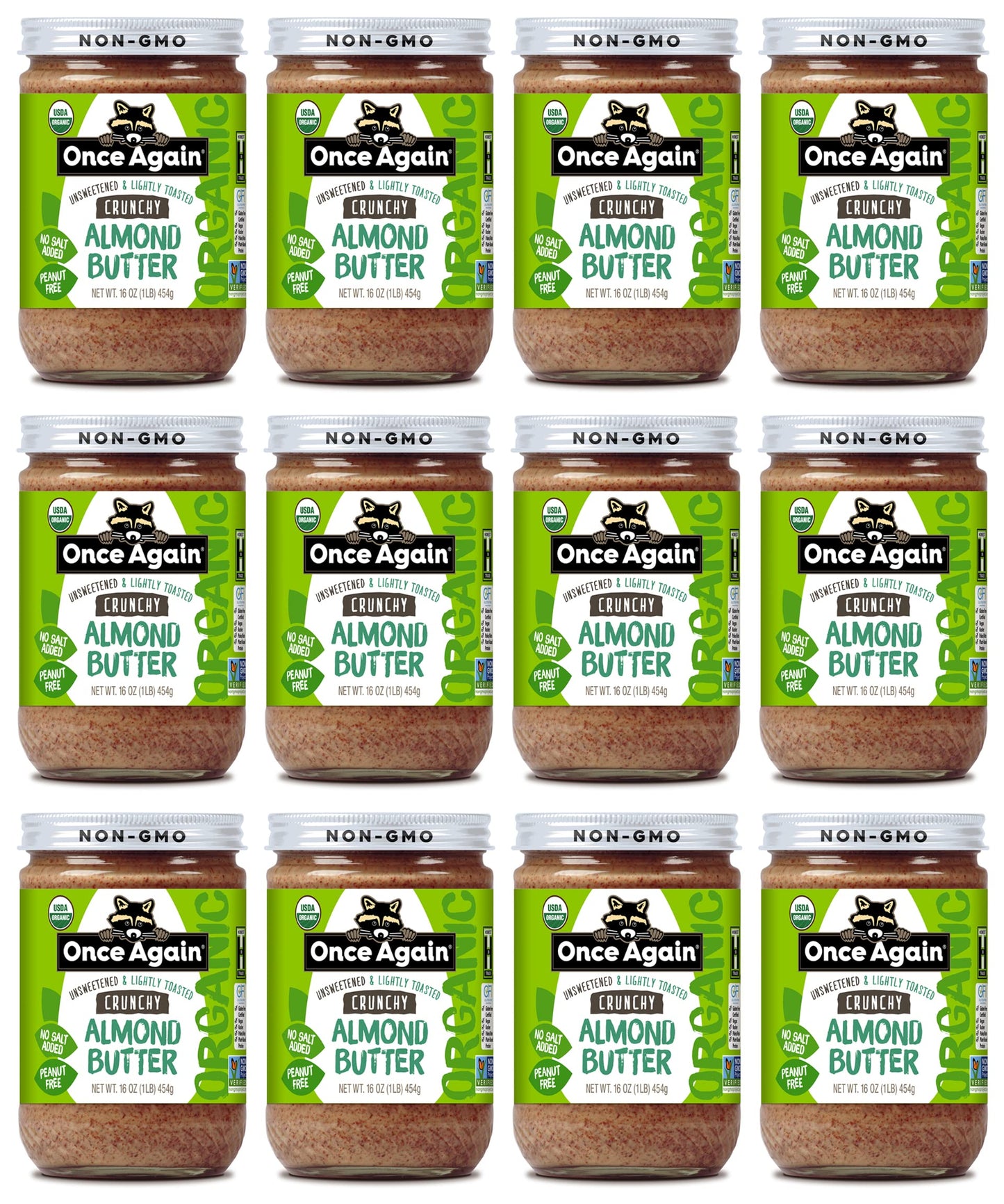 Once Again Organic Crunchy Almond Butter, 16oz - Lightly Toasted - Salt Free, Unsweetened - USDA Organic, Gluten Free Certified,