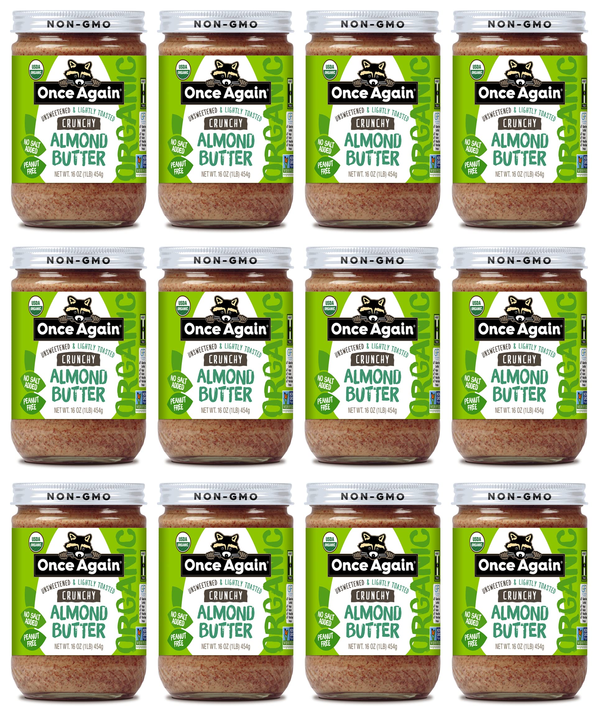 Once Again Organic Crunchy Almond Butter, 16oz - Lightly Toasted - Salt Free, Unsweetened - USDA Organic, Gluten Free Certified,
