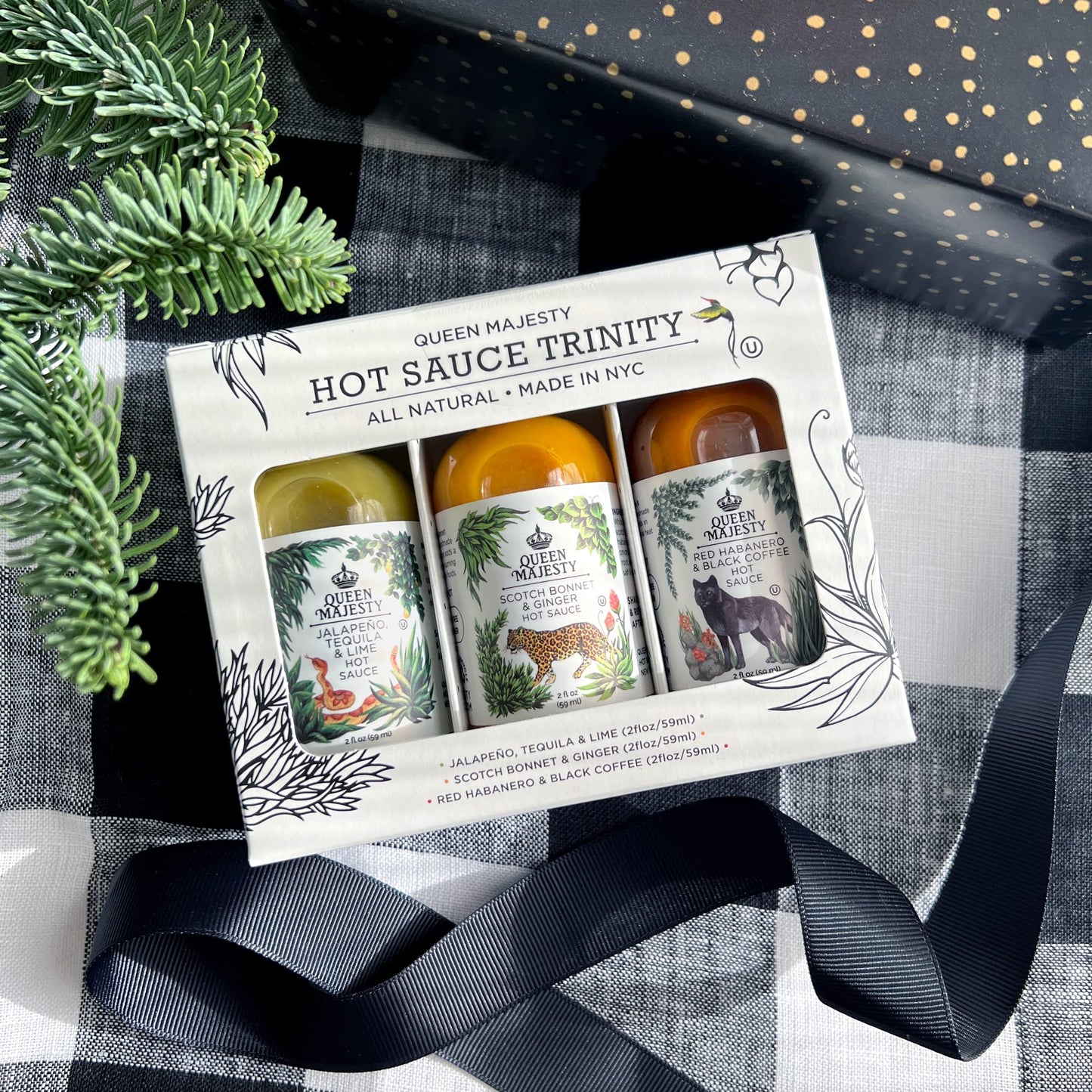 Queen Majesty Hot Sauce Sampler - Mini 2 oz (Pack of 3) - Jalapeño, Scotch Bonnet, Red Habanero - All Natural, Vegan, Gluten Free