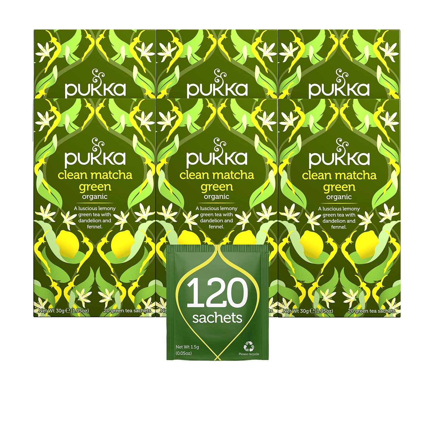 Pukka Clean Matcha Green, Organic Green Tea With Fennel And Lemon (6 Pack, 120 Tea Bags)