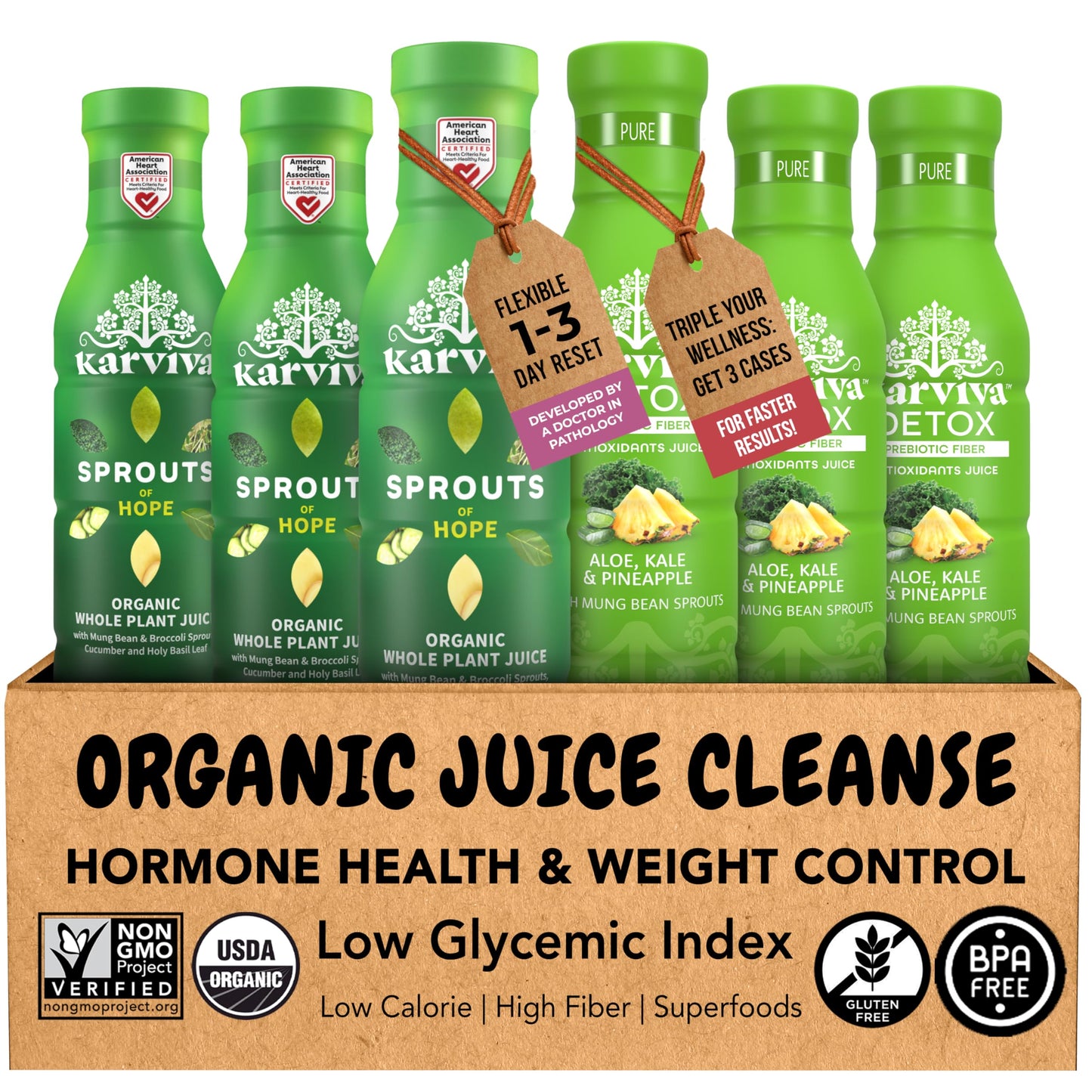 Karviva Organic Juice Cleanse For Liver Detox & Body Support Health - Ancient Remedies With Broccoli Sprouts Aloe Vera Kale Kiwi Flavor Blendger - Low-Sugar Prebiotic Fiber Antioxidants (6 Bpa-Free Free From Harmful Additives Bottles 12 Oz Each)