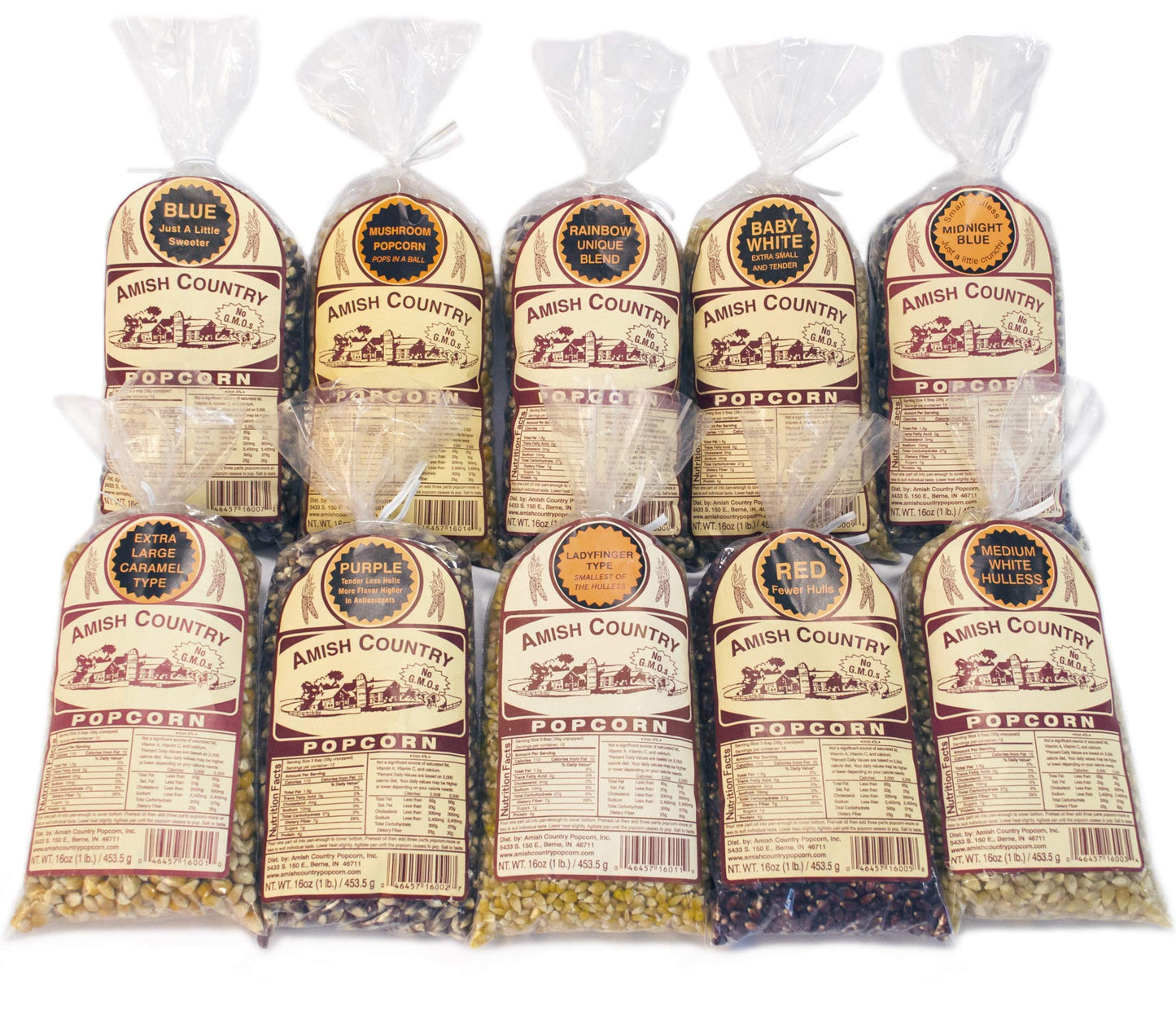 Amish Country Popcorn - 10 (1 Lb Bag) Variety Gift Set Bundle (Red, Blue, Medium White, Midnight Blue, Purple, Ladyfinger, Baby