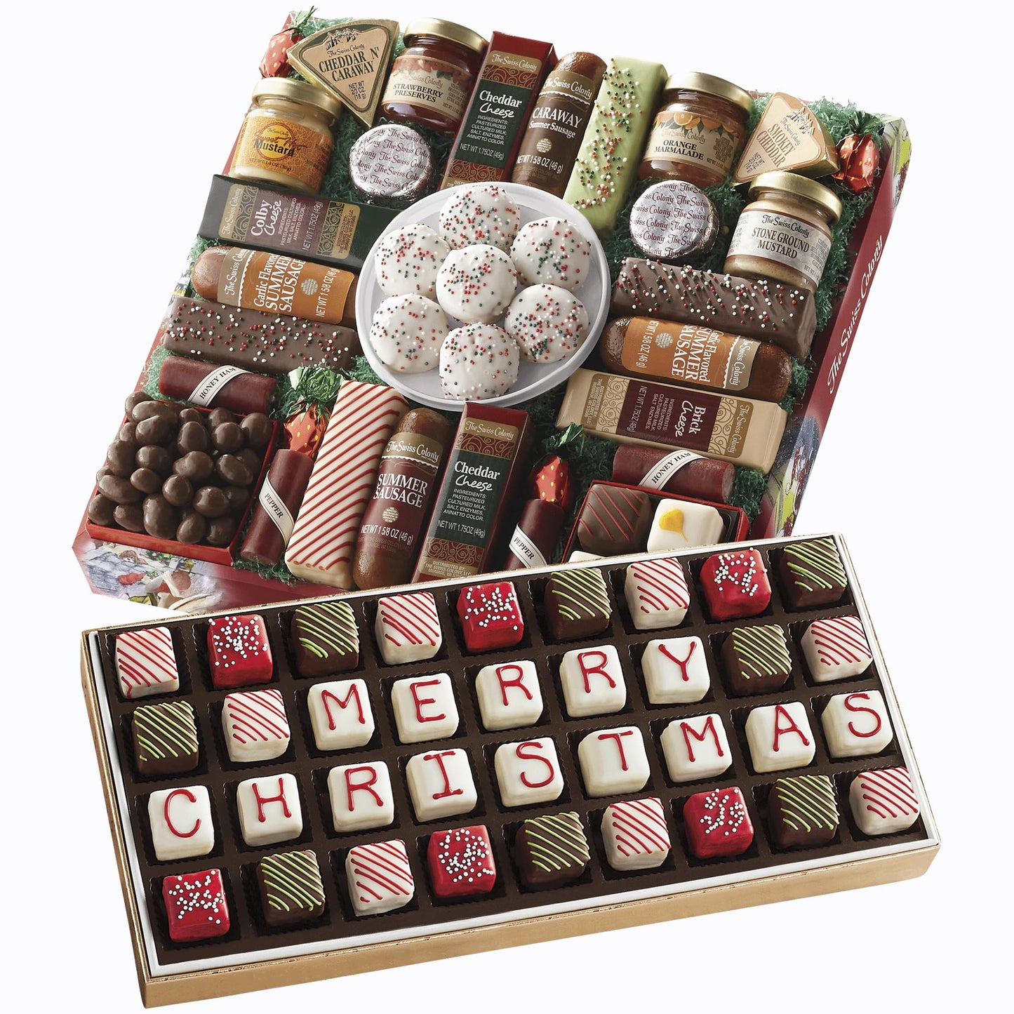 The Swiss Colony 27 Favorites And 36 Merry Christmas Petits Fours Christmas Gift Bundle - Assorted Cheeses Candies Chocolates Summer Sausage Meats And Gourmet Mini Layer Cakes